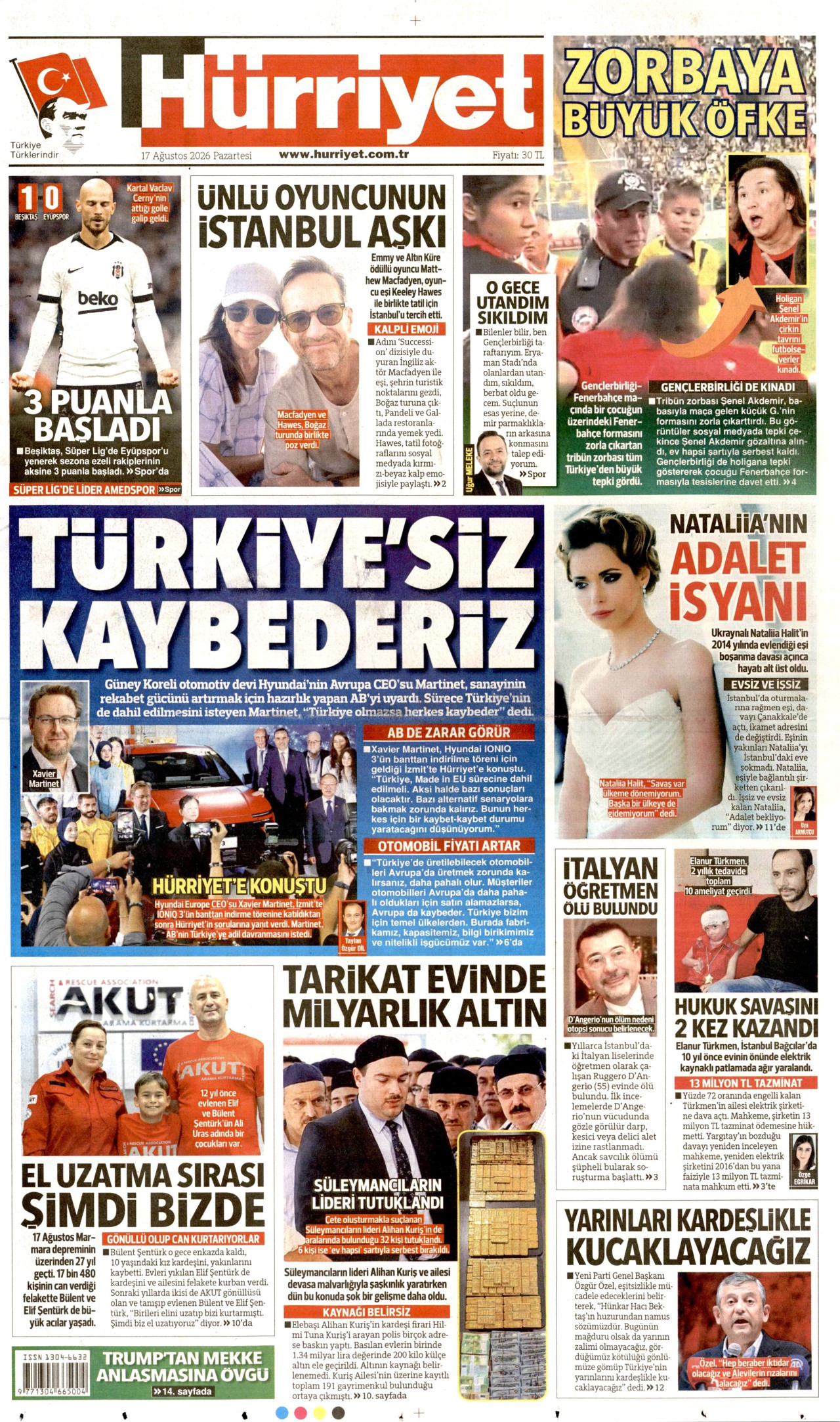 HÜRRİYET 17 Ağustos 2026 Gazete Manşeti Büyük