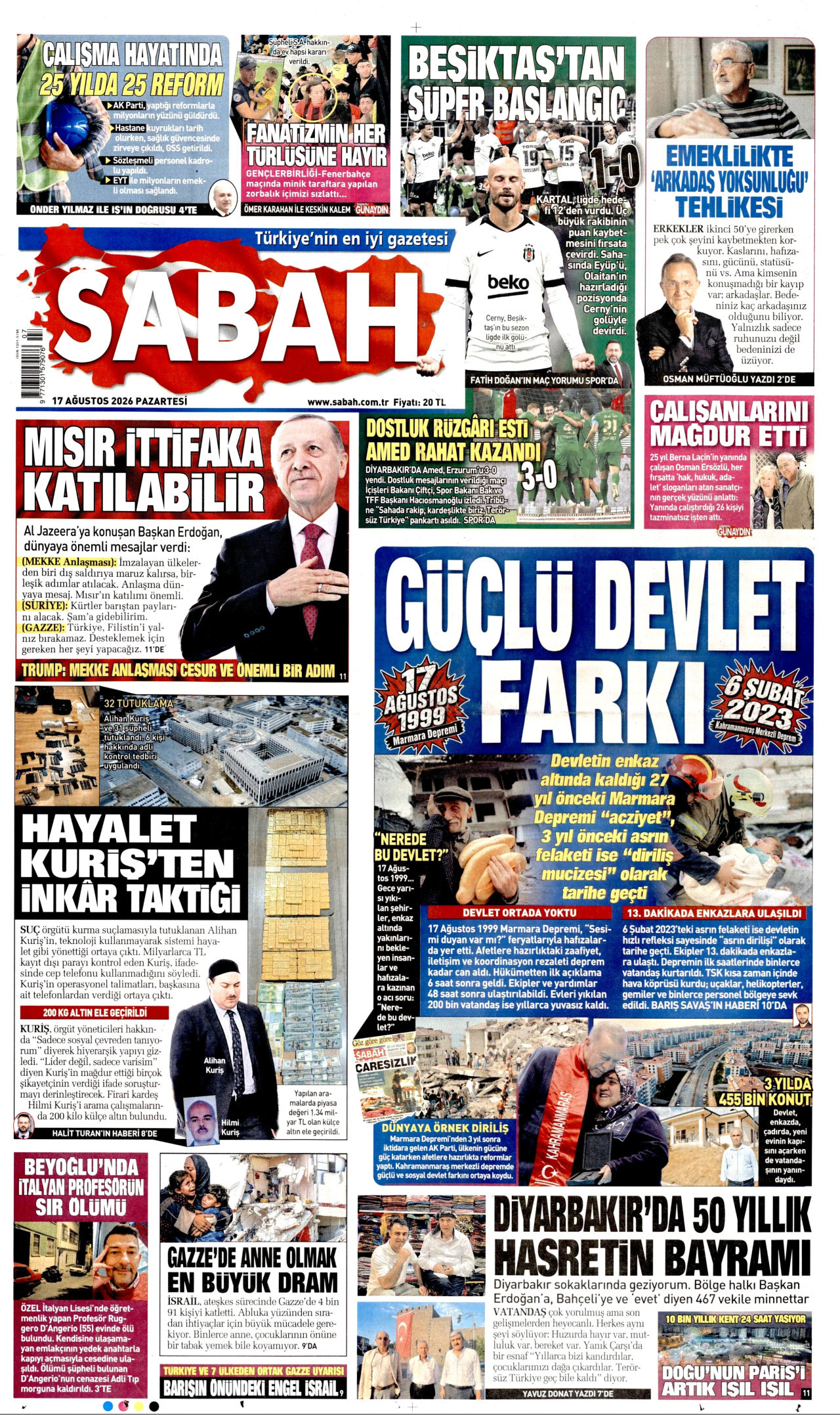 SABAH 17 Ağustos 2026 Gazete Manşeti Büyük