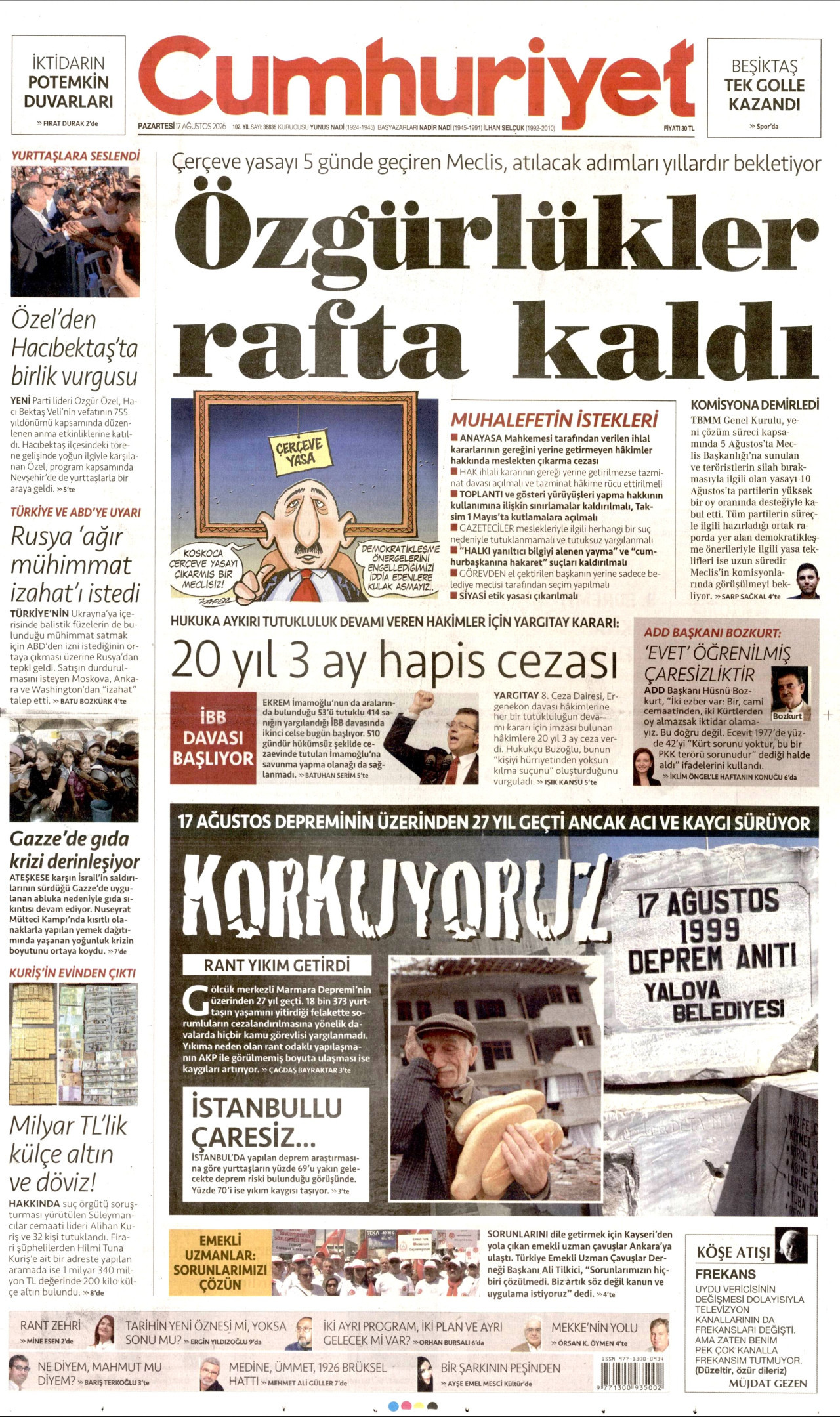 CUMHURİYET 17 Ağustos 2026 Gazete Manşeti Büyük