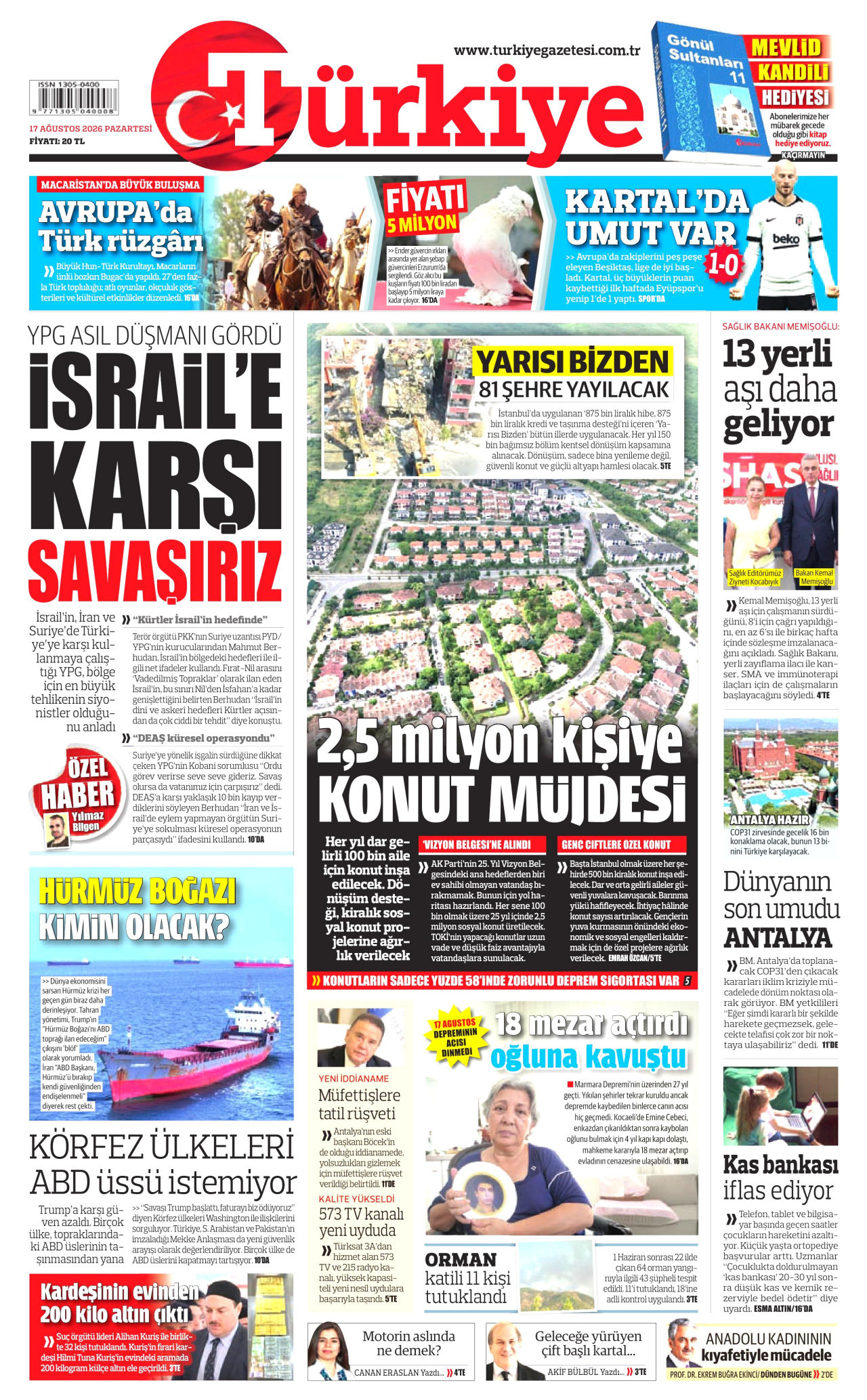 TÜRKİYE GAZETESİ 17 Ağustos 2026 Gazete Manşeti Büyük