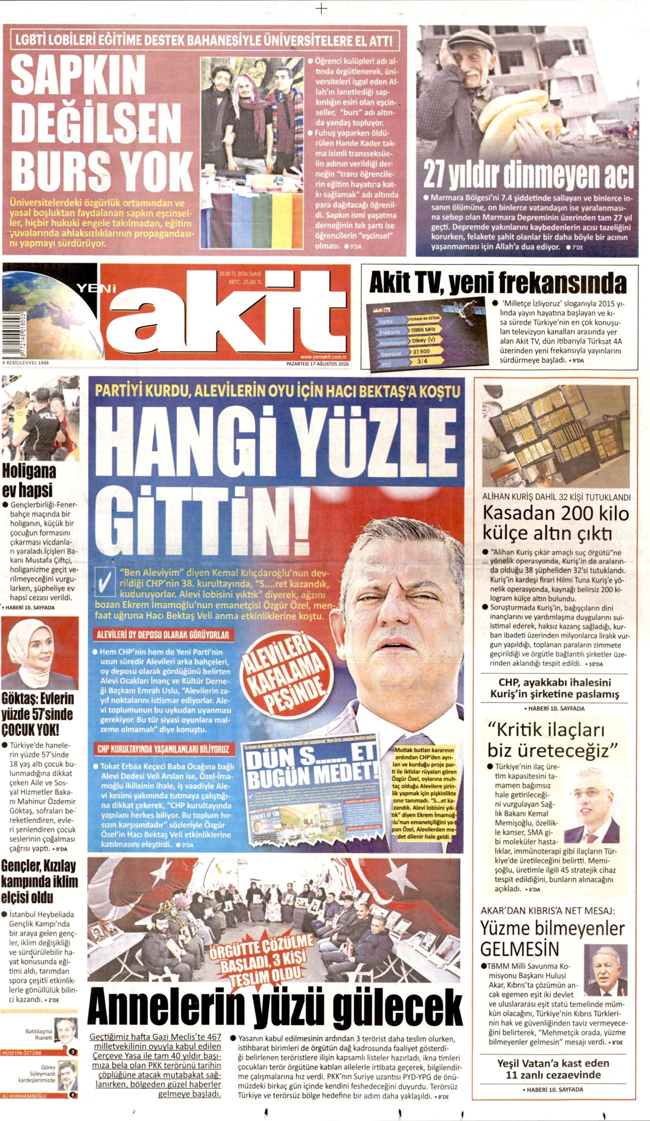YENİ AKİT 17 Ağustos 2026 Gazete Manşeti Büyük