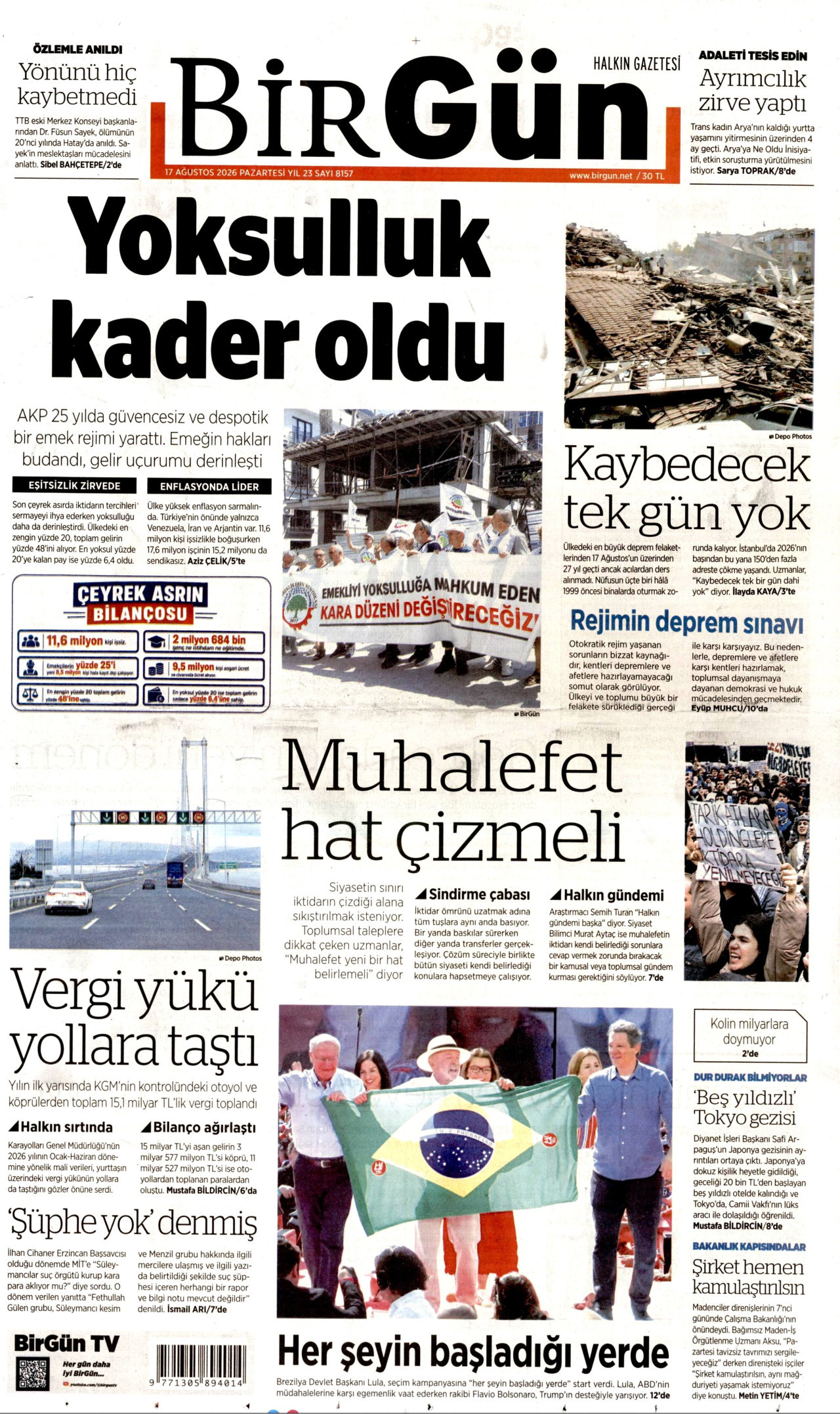 BİRGÜN 17 Ağustos 2026 Gazete Manşeti Büyük