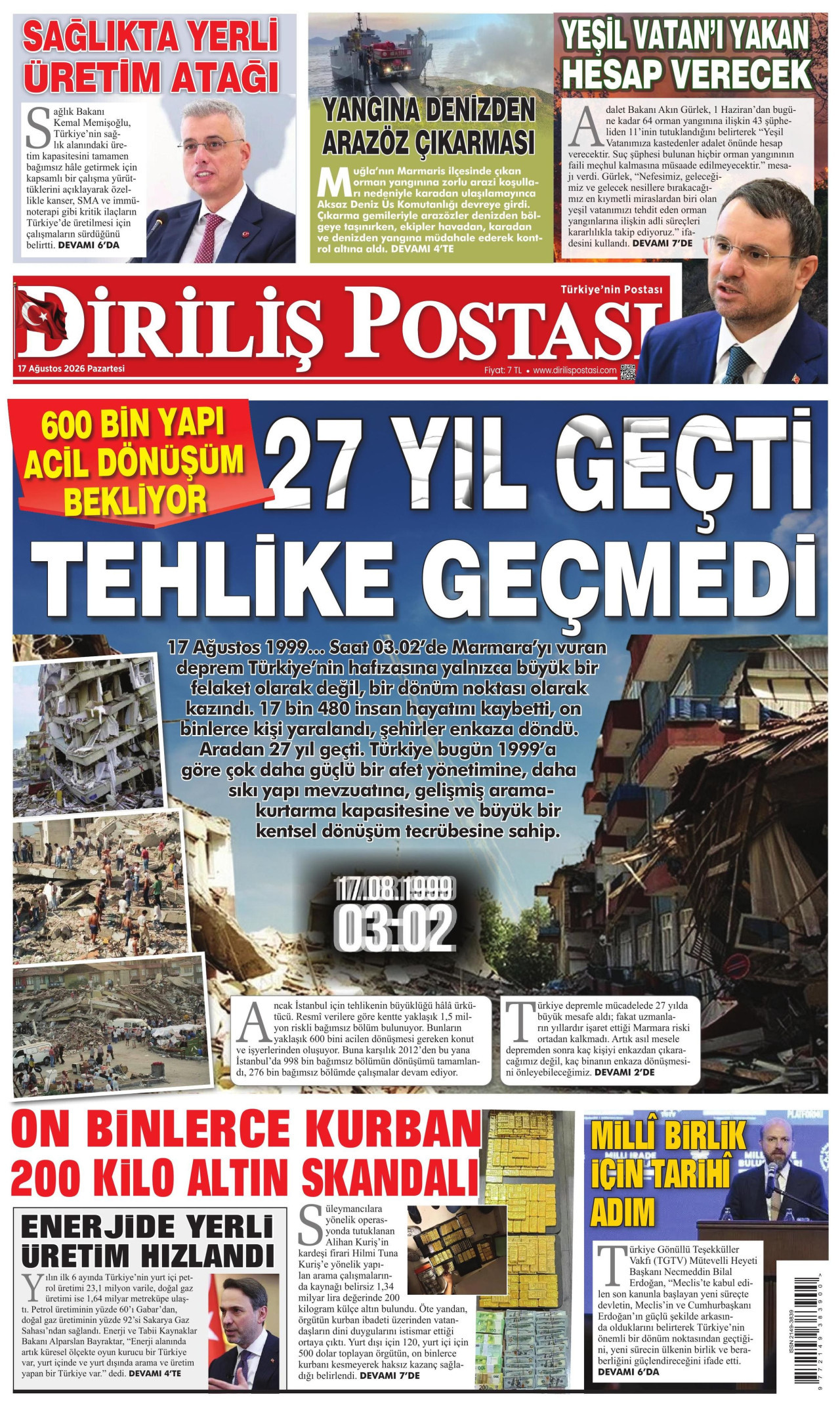 DİRİLİŞ POSTASI 17 Ağustos 2026 Gazete Manşeti Büyük