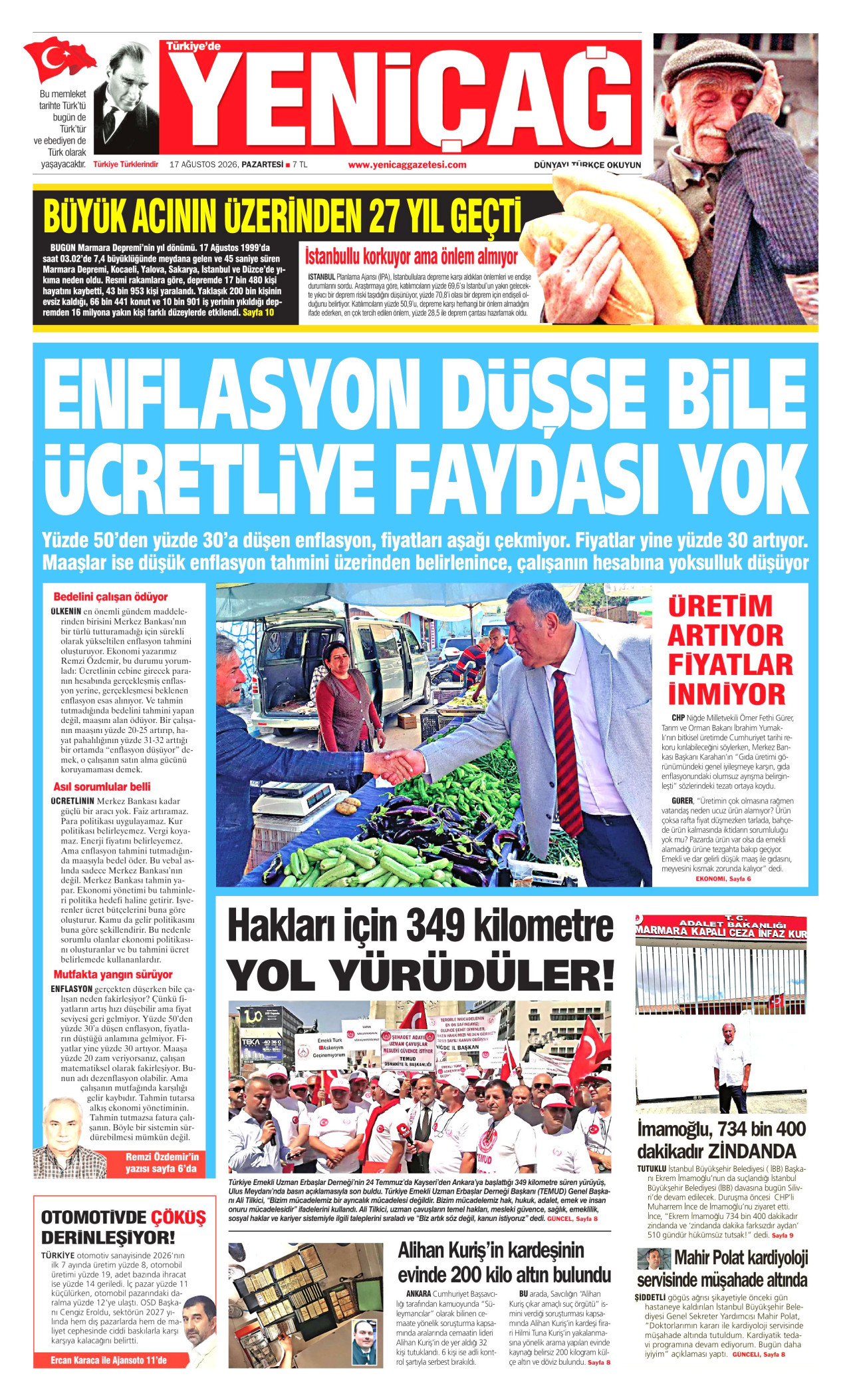 YENİÇAĞ 17 Ağustos 2026 Gazete Manşeti Büyük