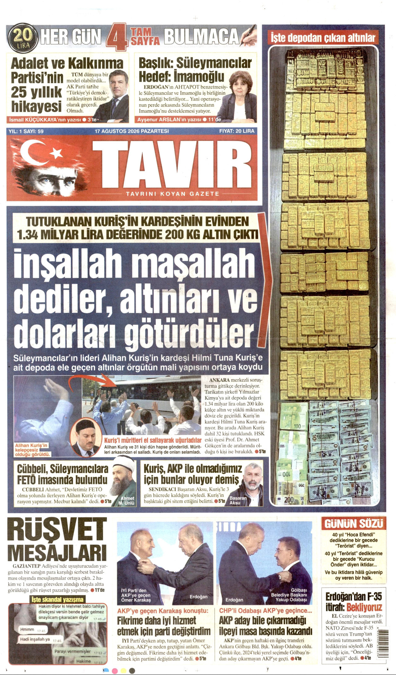 TAVIR GAZETESİ 17 Ağustos 2026 Gazete Manşeti Büyük