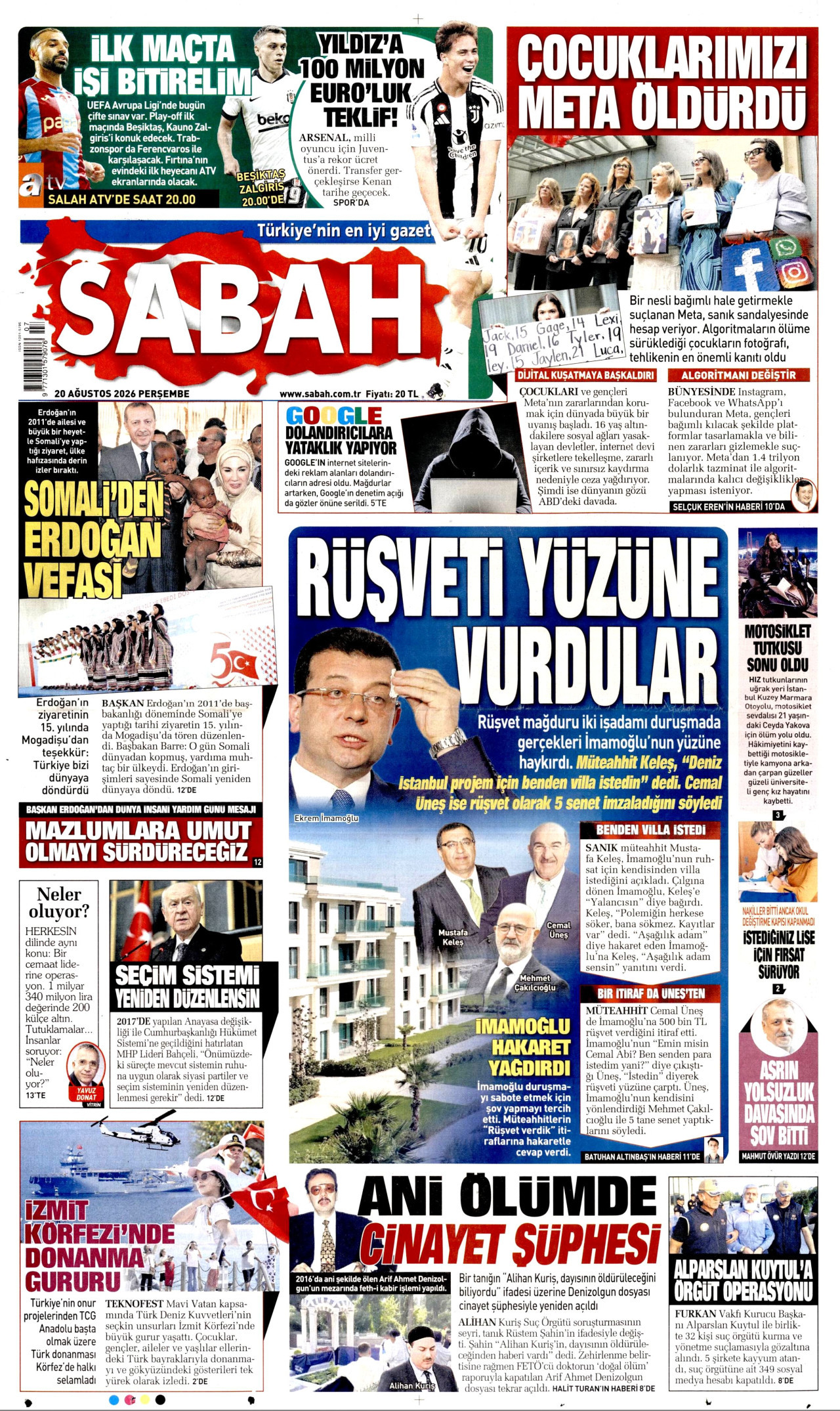 SABAH gazetesinin 20 Ağustos 2026 tarihli birinci sayfası