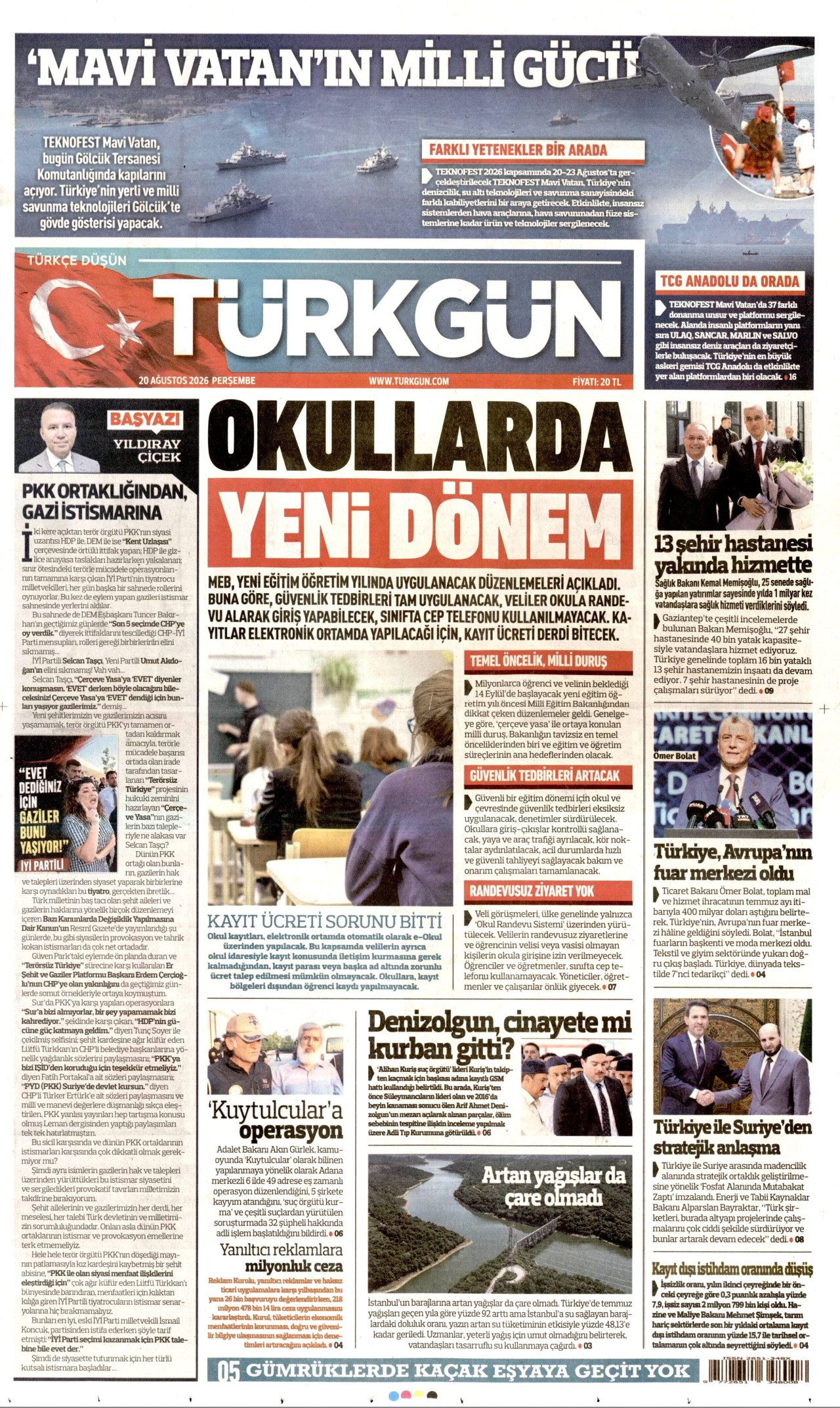 TÜRKGÜN gazetesinin 20 Ağustos 2026 tarihli birinci sayfası