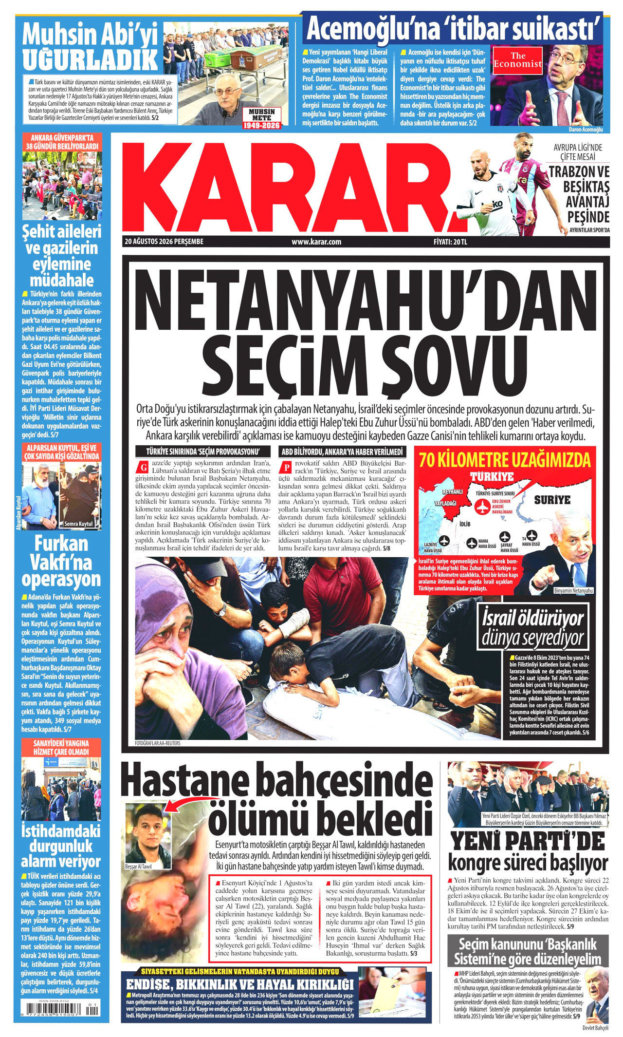 KARAR gazetesinin 20 Ağustos 2026 tarihli birinci sayfası