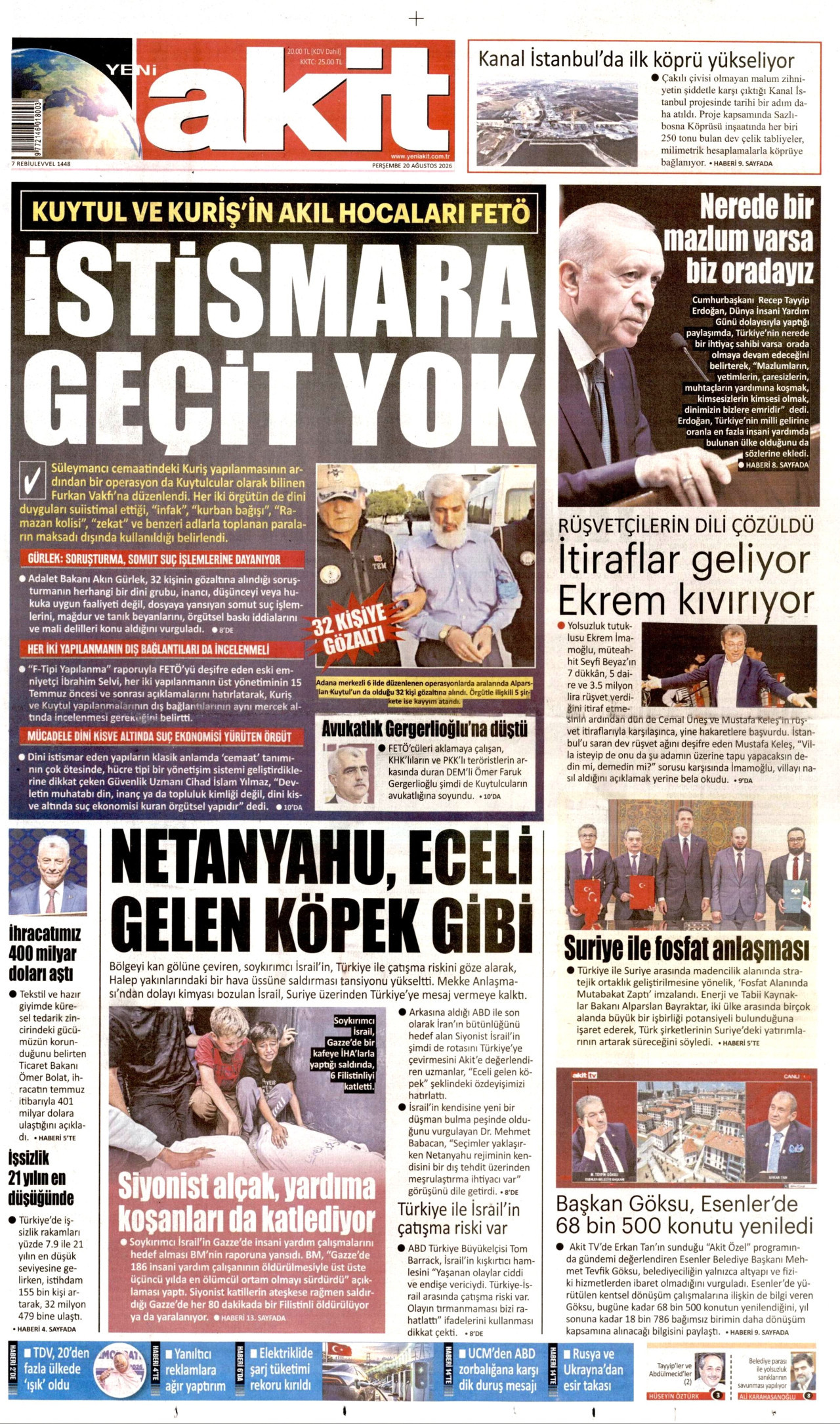 YENİ AKİT gazetesinin 20 Ağustos 2026 tarihli birinci sayfası