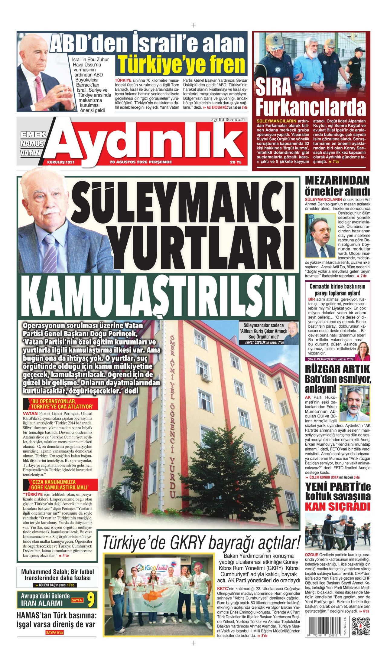 AYDINLIK GAZETESİ gazetesinin 20 Ağustos 2026 tarihli birinci sayfası