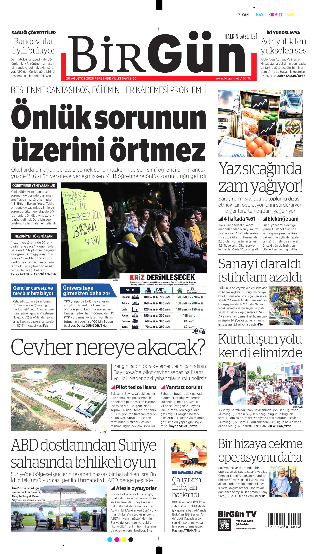 BİRGÜN gazetesinin 20 Ağustos 2026 tarihli birinci sayfası
