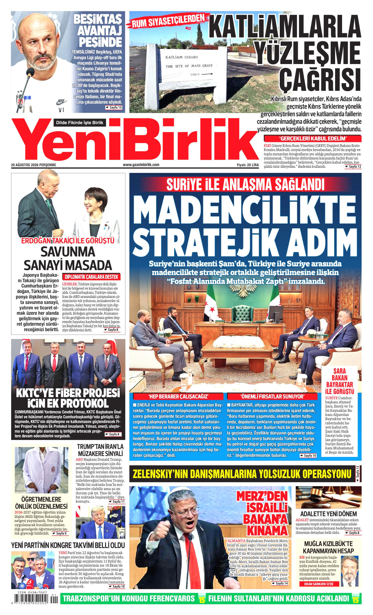 YENİBİRLİK gazetesinin 20 Ağustos 2026 tarihli birinci sayfası