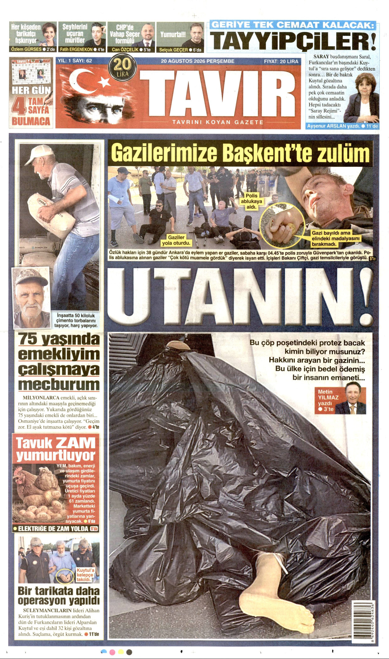 TAVIR GAZETESİ gazetesinin 20 Ağustos 2026 tarihli birinci sayfası
