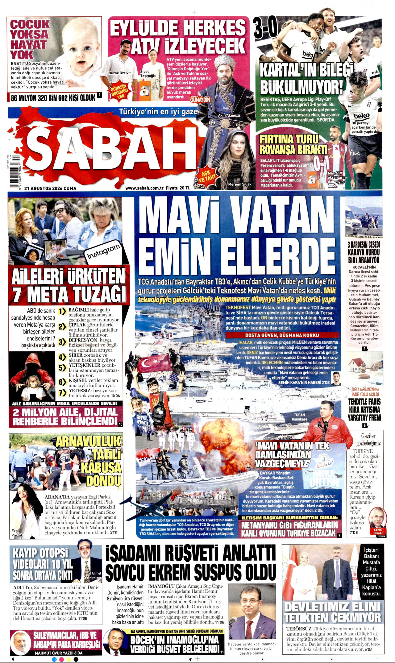 SABAH gazetesinin 21 Ağustos 2026 tarihli birinci sayfası