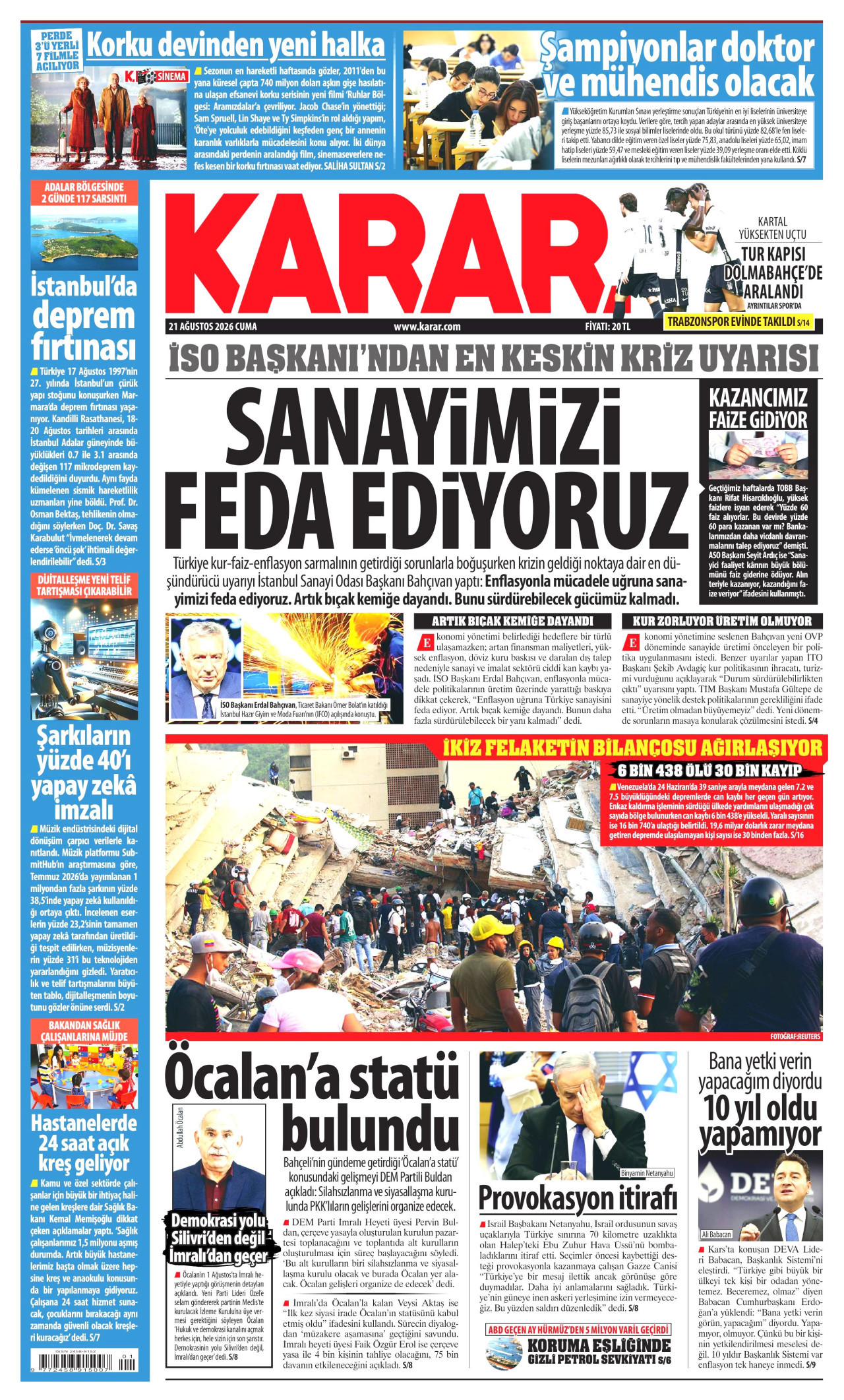 KARAR gazetesinin 21 Ağustos 2026 tarihli birinci sayfası