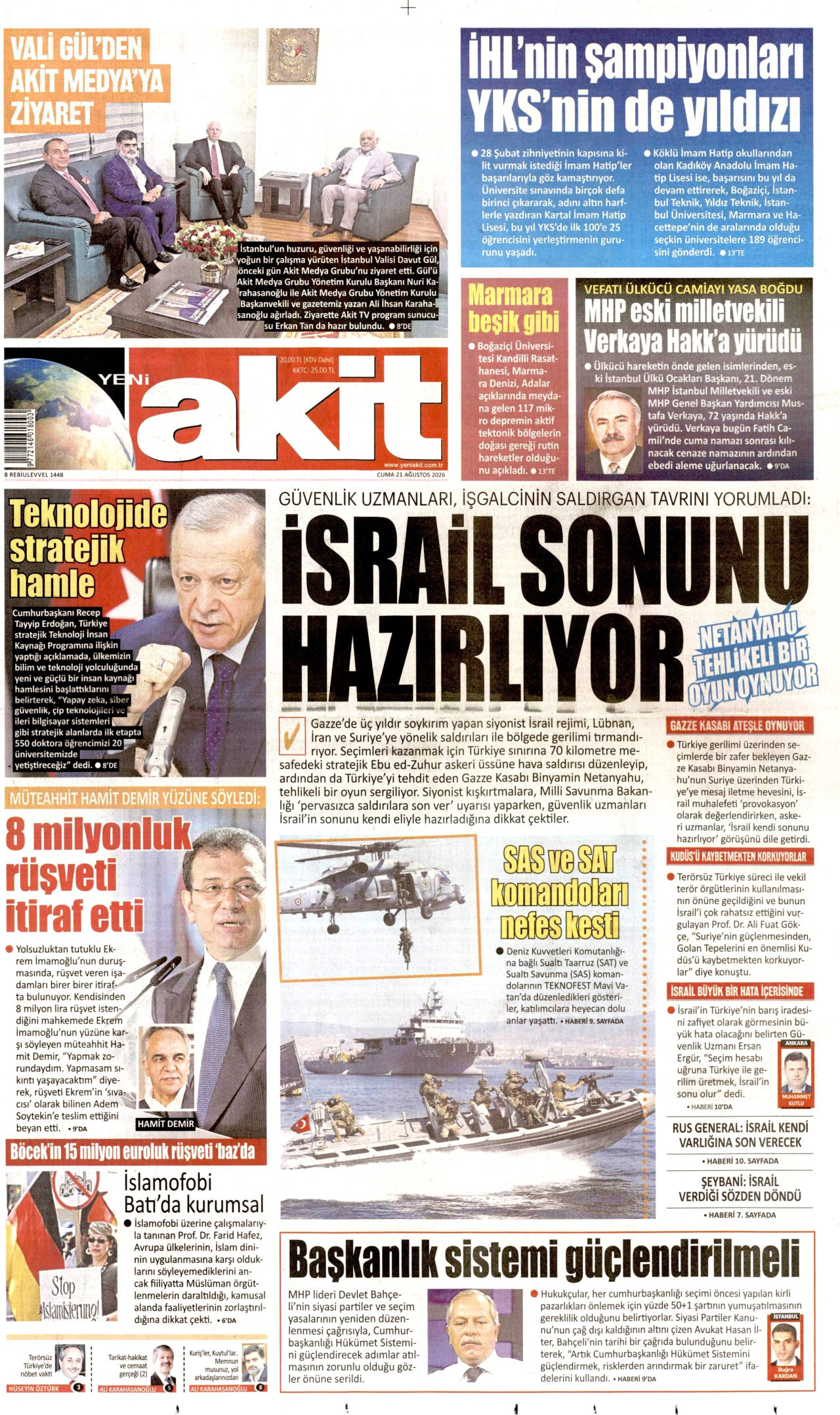 YENİ AKİT gazetesinin 21 Ağustos 2026 tarihli birinci sayfası