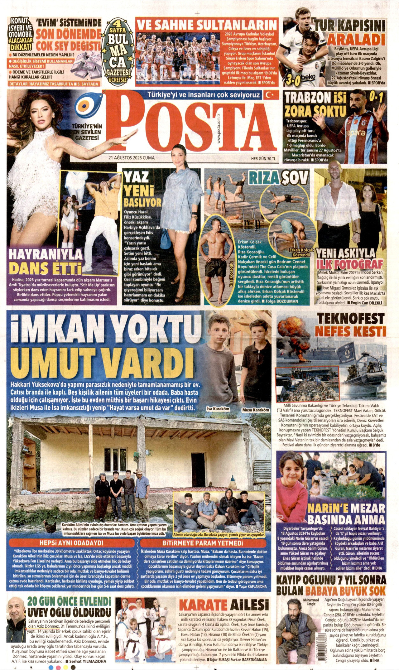 POSTA gazetesinin 21 Ağustos 2026 tarihli birinci sayfası