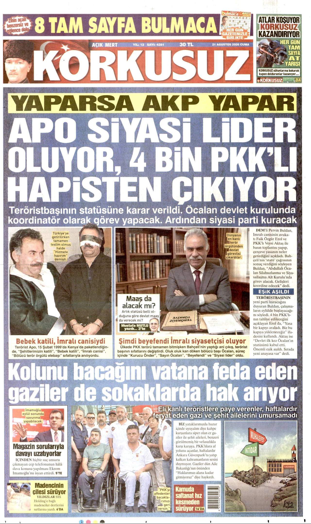 KORKUSUZ gazetesinin 21 Ağustos 2026 tarihli birinci sayfası