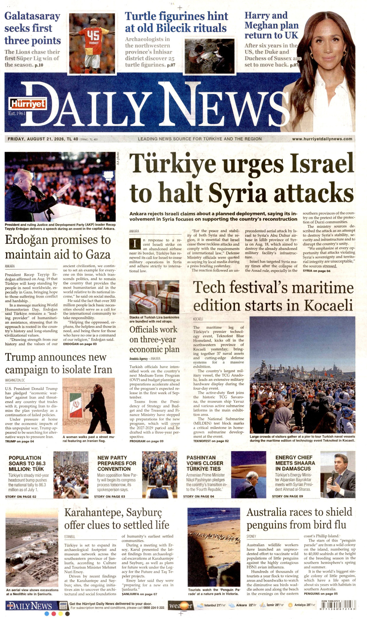 HÜRRİYET DAİLY NEWS gazetesinin 21 Ağustos 2026 tarihli birinci sayfası