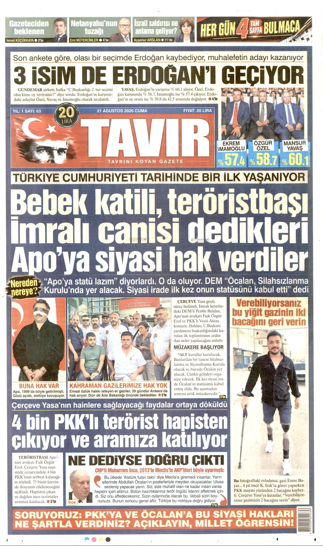 TAVIR GAZETESİ gazetesinin 21 Ağustos 2026 tarihli birinci sayfası