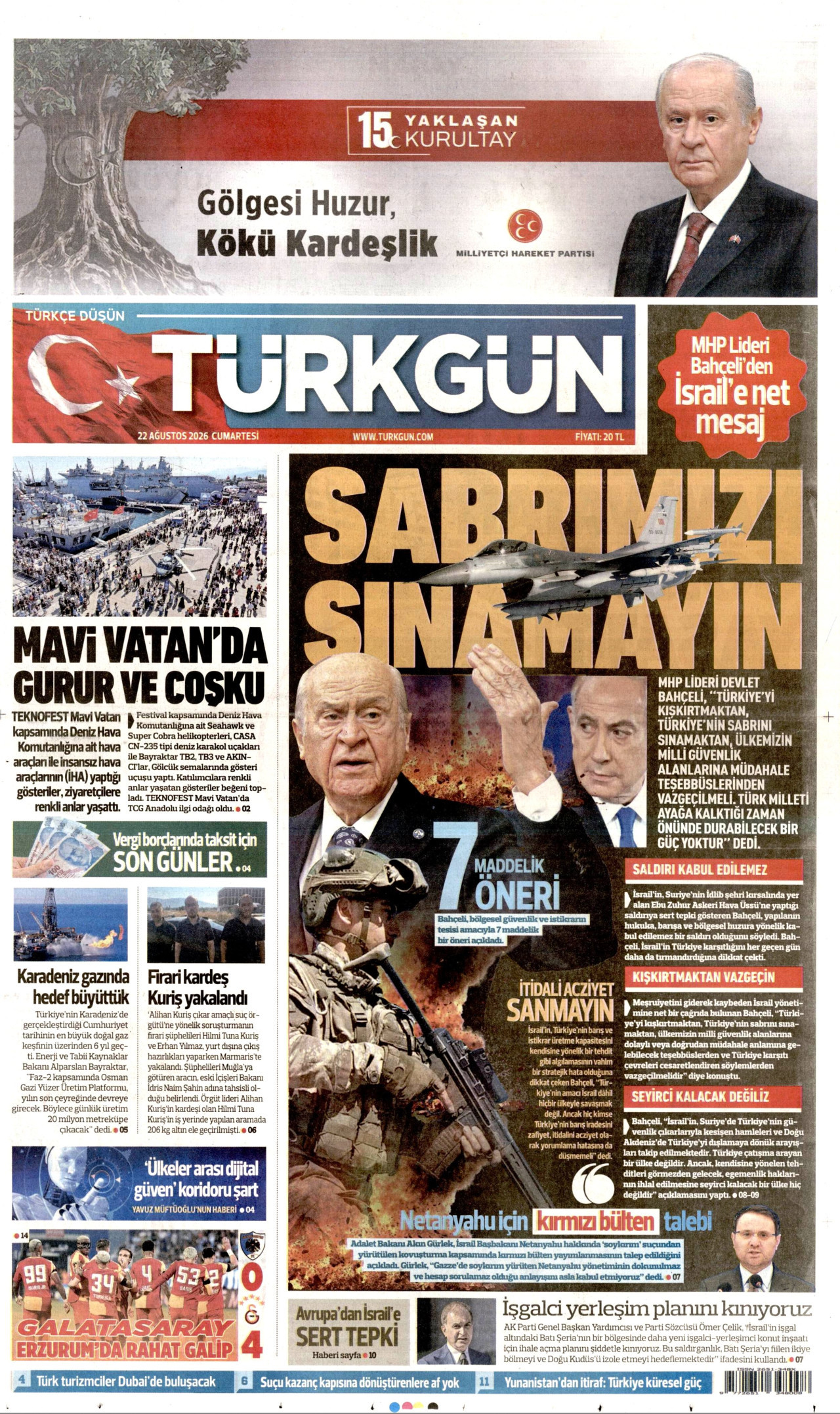 TÜRKGÜN gazetesinin 22 Ağustos 2026 tarihli birinci sayfası