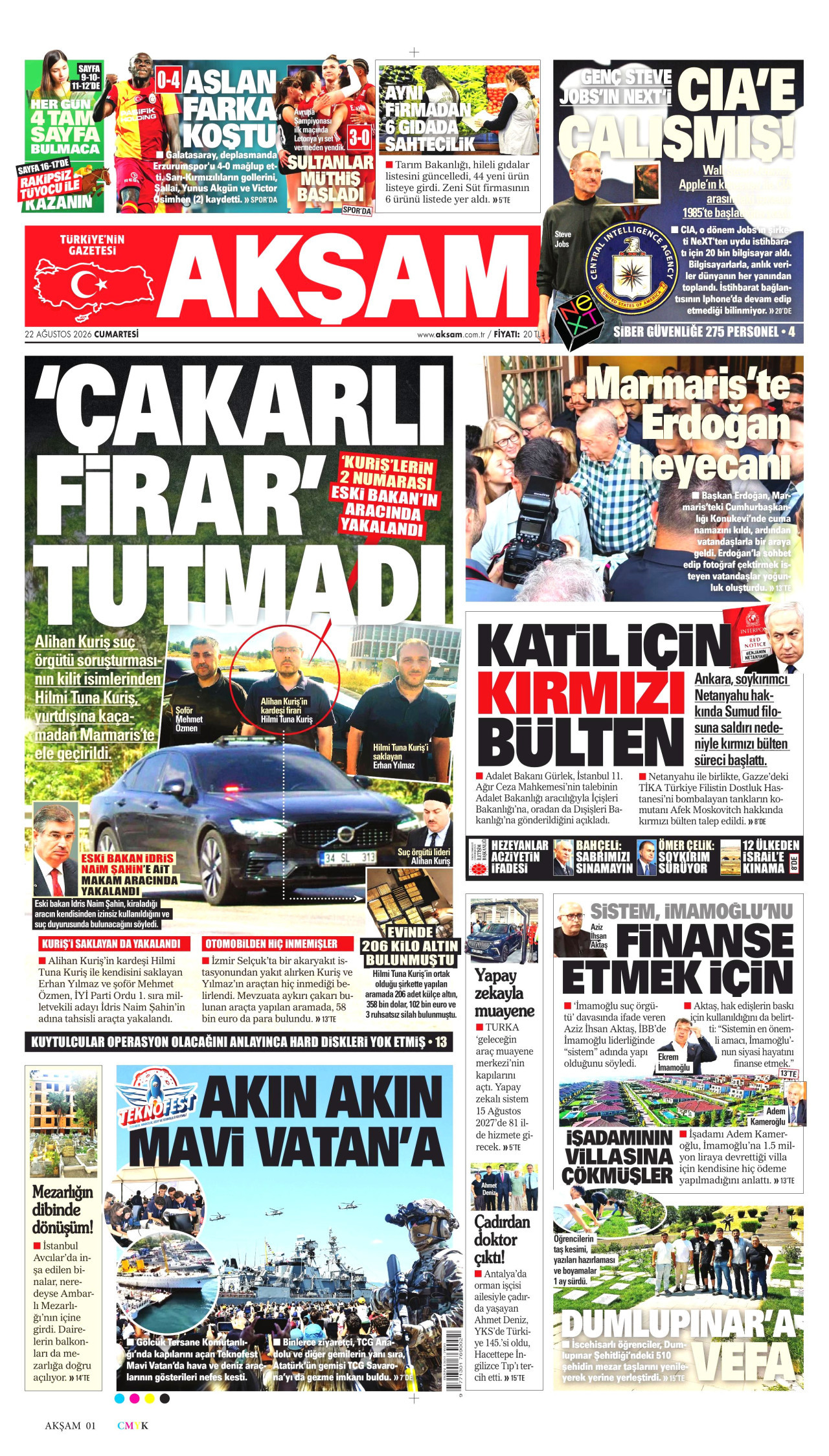 AKŞAM gazetesinin 22 Ağustos 2026 tarihli birinci sayfası