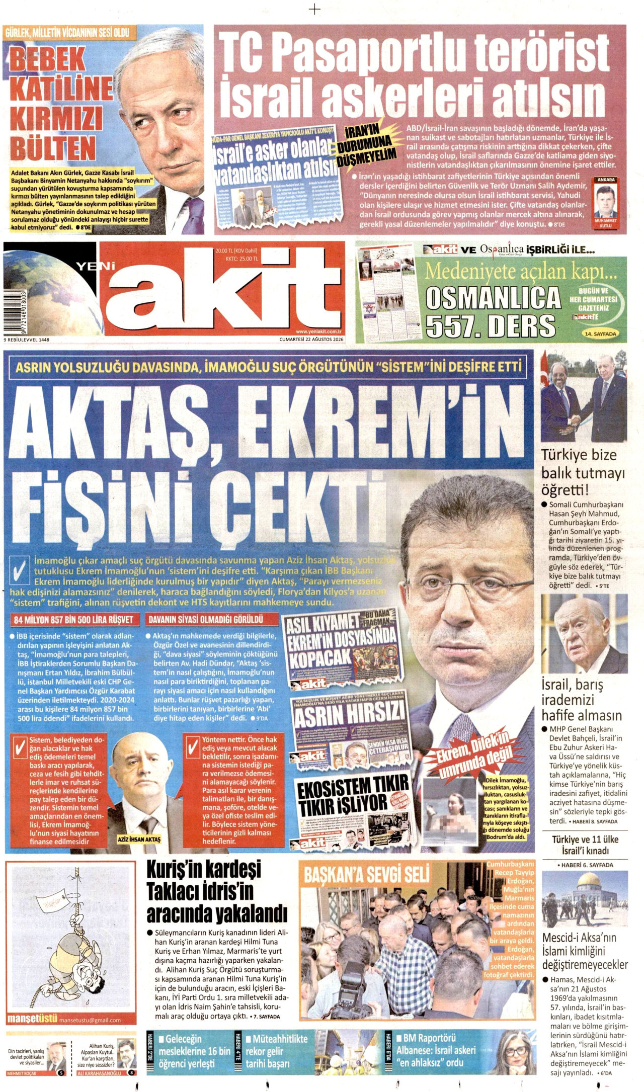 YENİ AKİT gazetesinin 22 Ağustos 2026 tarihli birinci sayfası