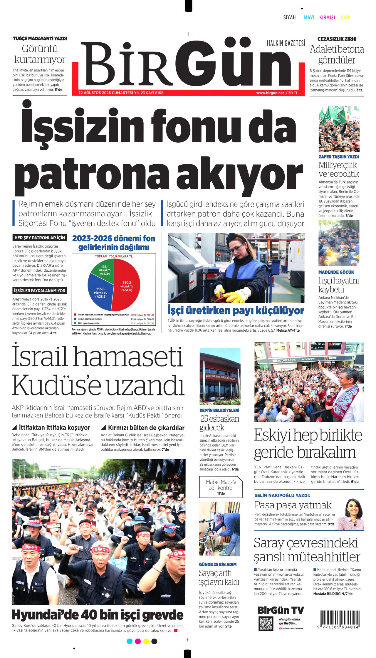 BİRGÜN gazetesinin 22 Ağustos 2026 tarihli birinci sayfası