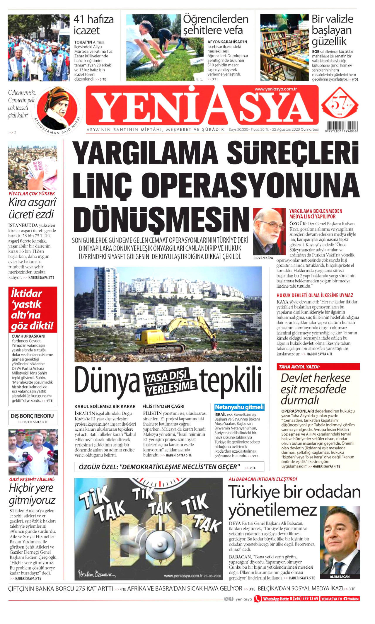 YENİ ASYA gazetesinin 22 Ağustos 2026 tarihli birinci sayfası