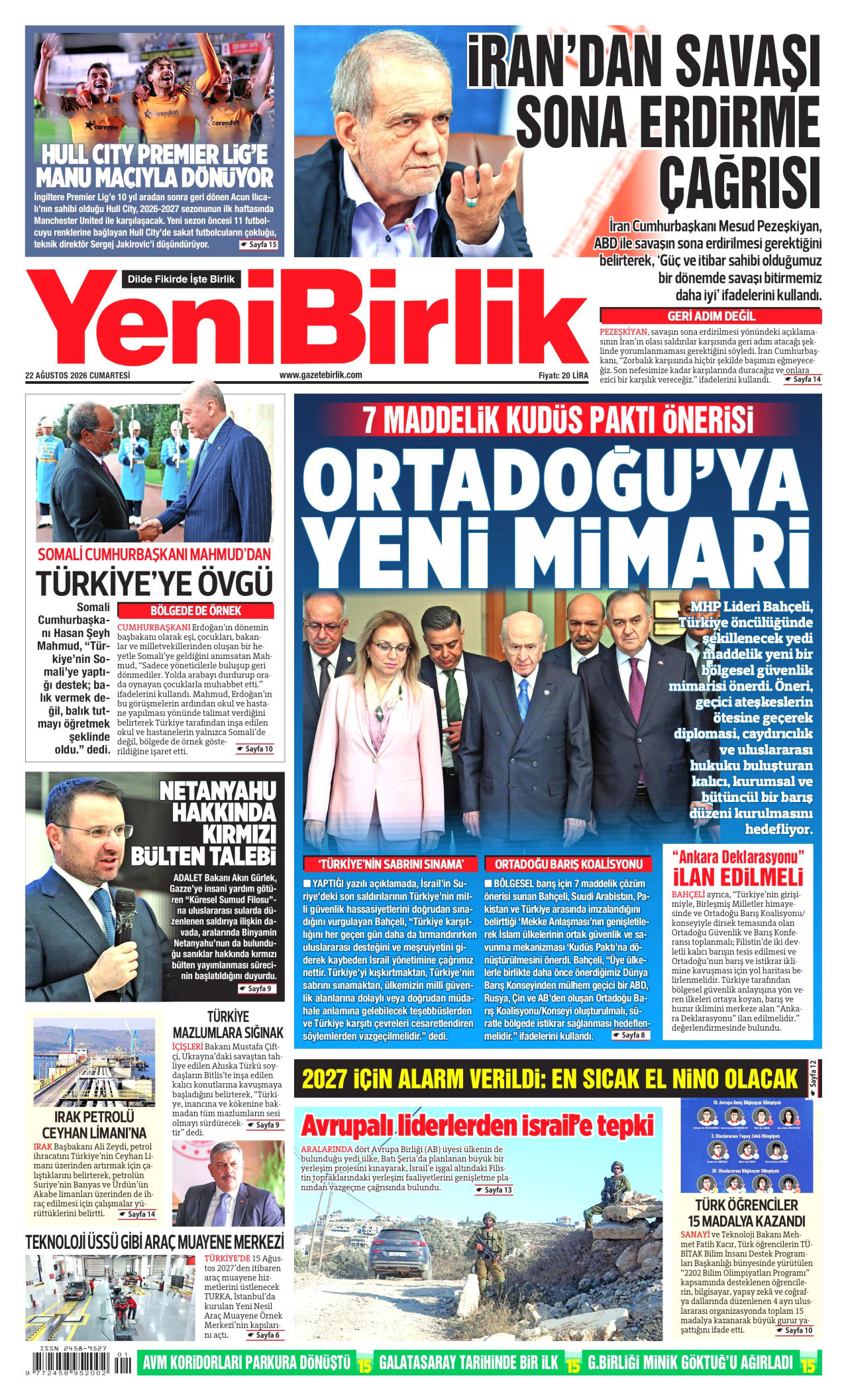 YENİBİRLİK gazetesinin 22 Ağustos 2026 tarihli birinci sayfası