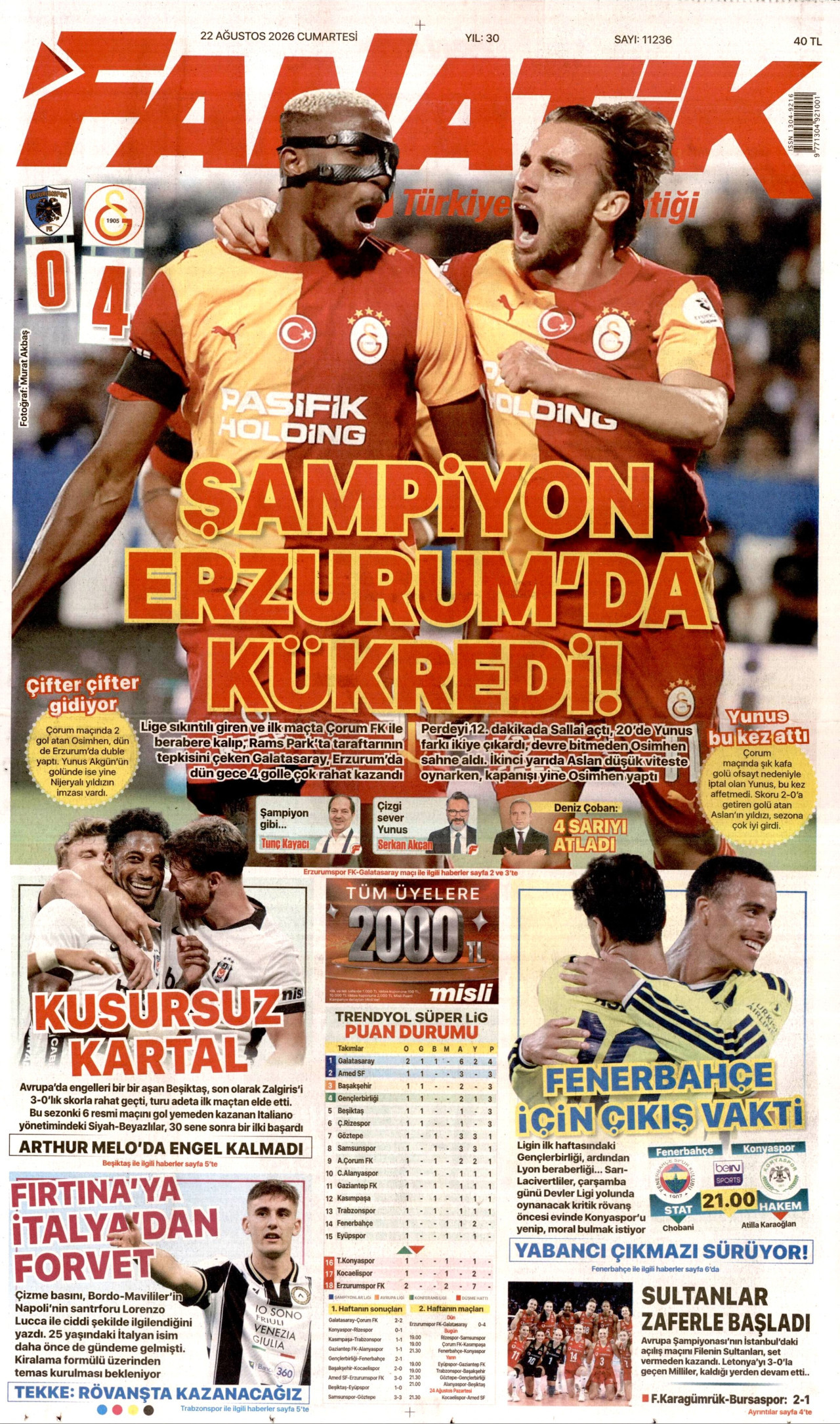 FANATİK gazetesinin 22 Ağustos 2026 tarihli birinci sayfası