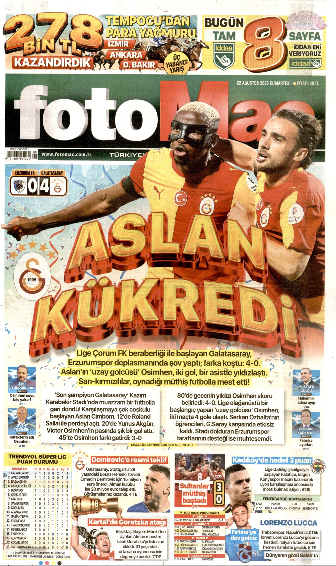 FOTOMAÇ gazetesinin 22 Ağustos 2026 tarihli birinci sayfası