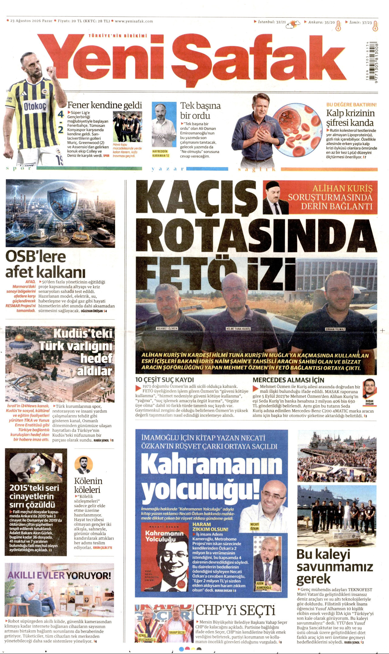 YENİ ŞAFAK gazetesinin 23 Ağustos 2026 tarihli birinci sayfası