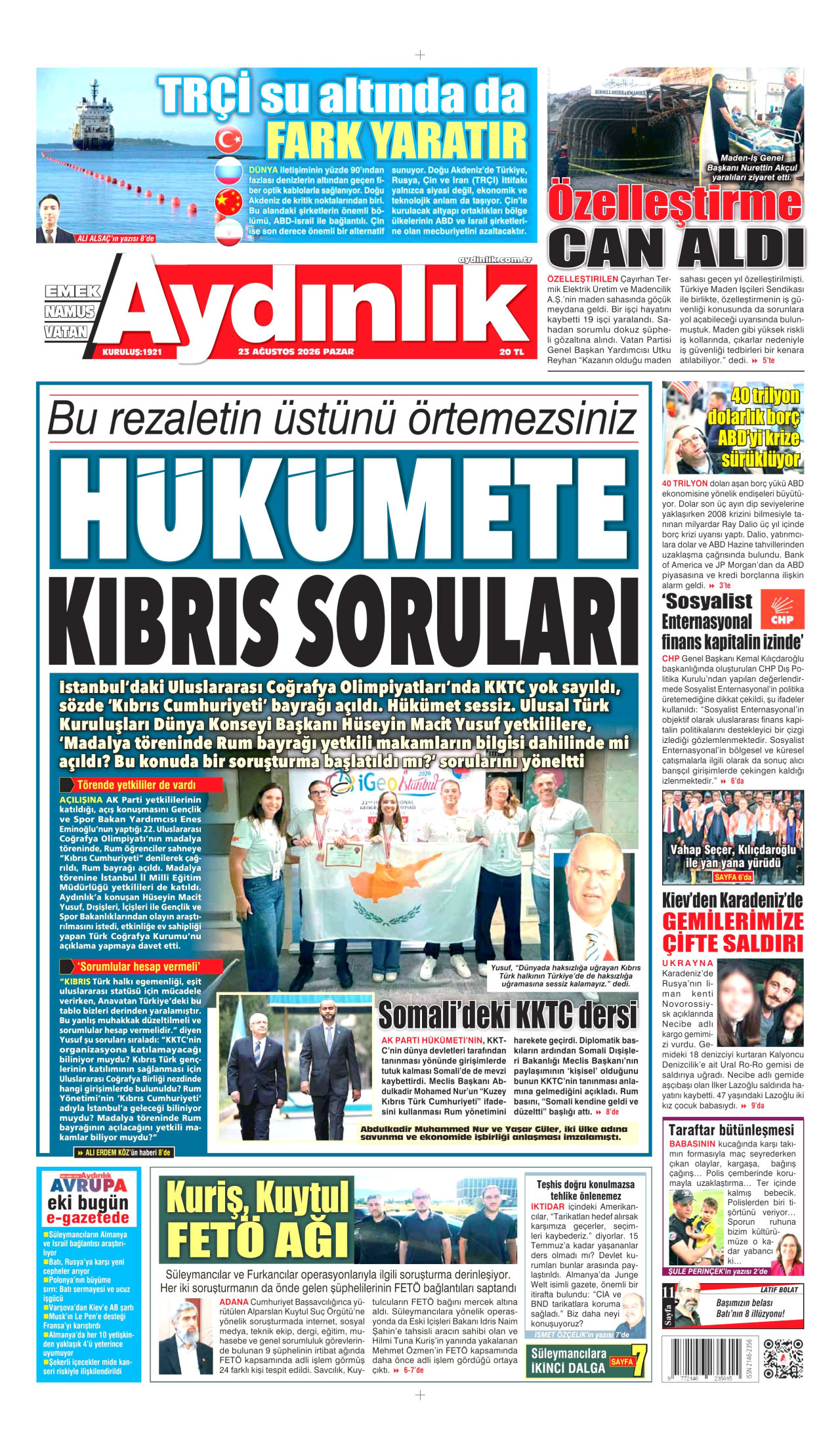 AYDINLIK GAZETESİ gazetesinin 23 Ağustos 2026 tarihli birinci sayfası