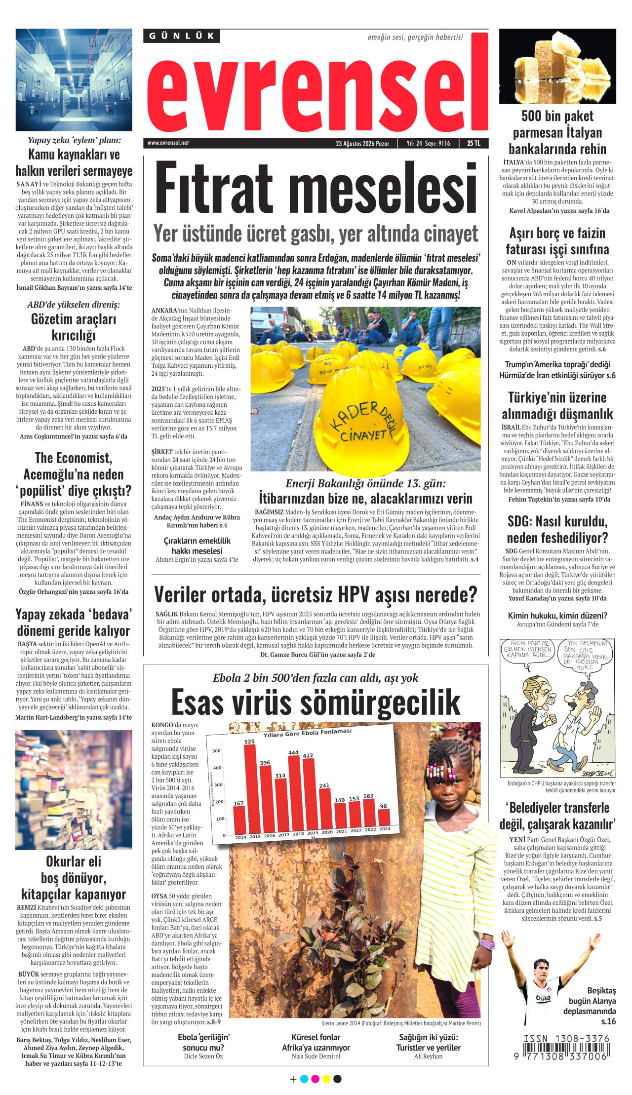 EVRENSEL gazetesinin 23 Ağustos 2026 tarihli birinci sayfası