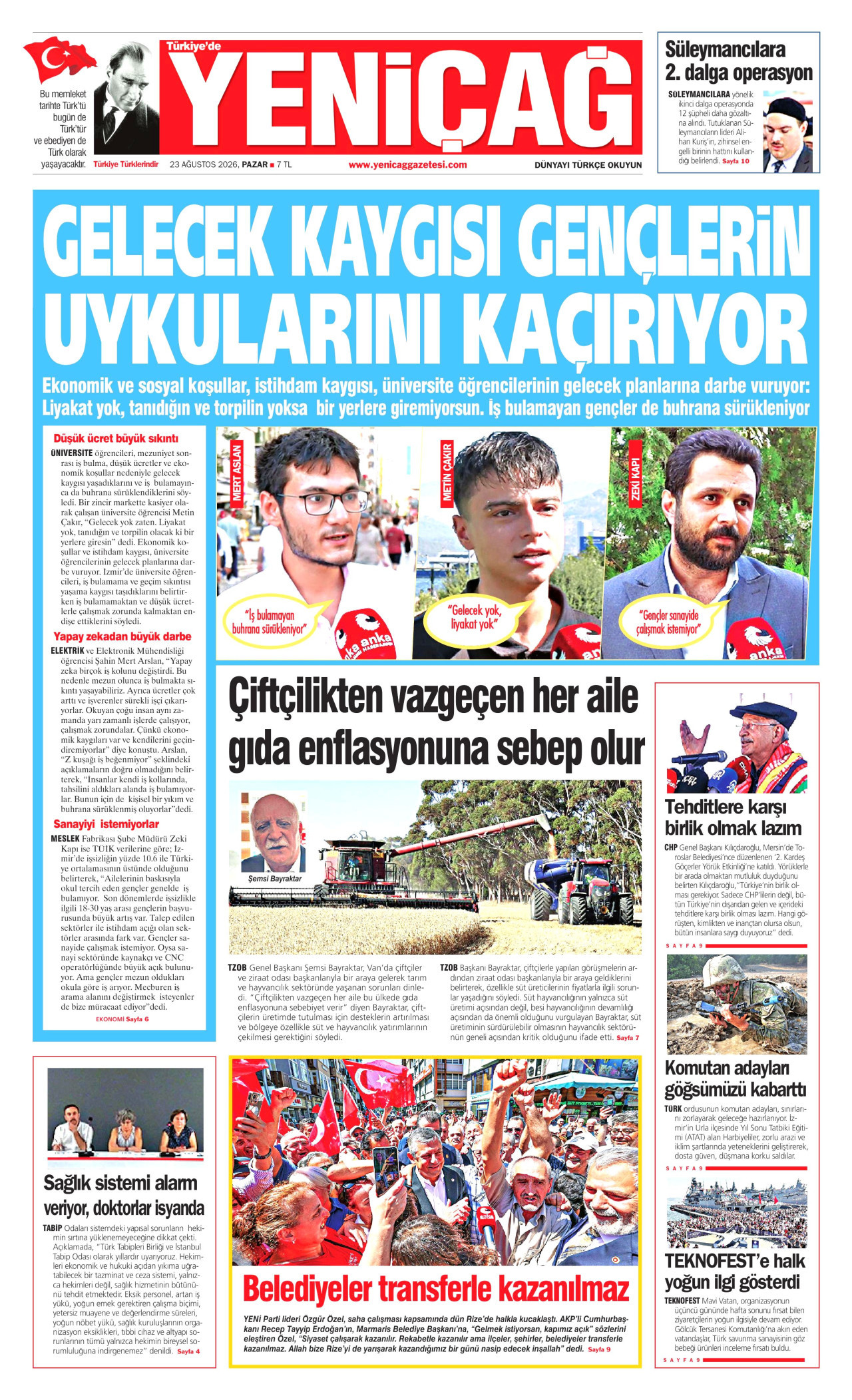 YENİÇAĞ gazetesinin 23 Ağustos 2026 tarihli birinci sayfası