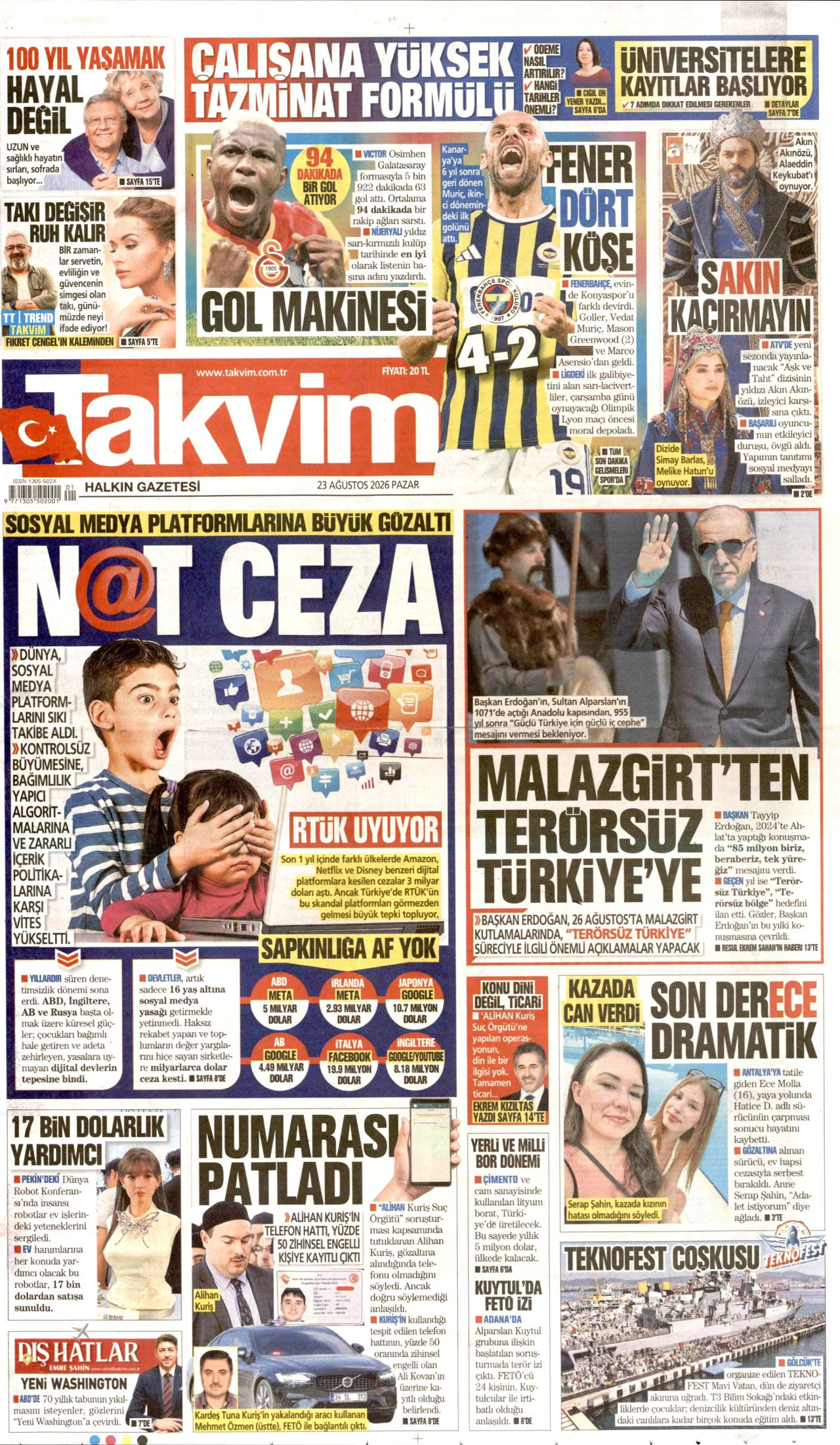 TAKVİM gazetesinin 23 Ağustos 2026 tarihli birinci sayfası