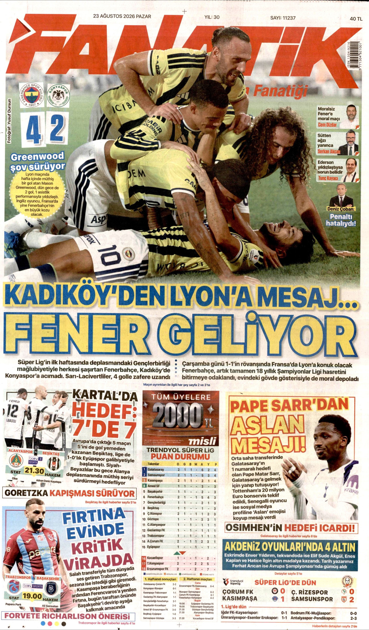 FANATİK gazetesinin 23 Ağustos 2026 tarihli birinci sayfası