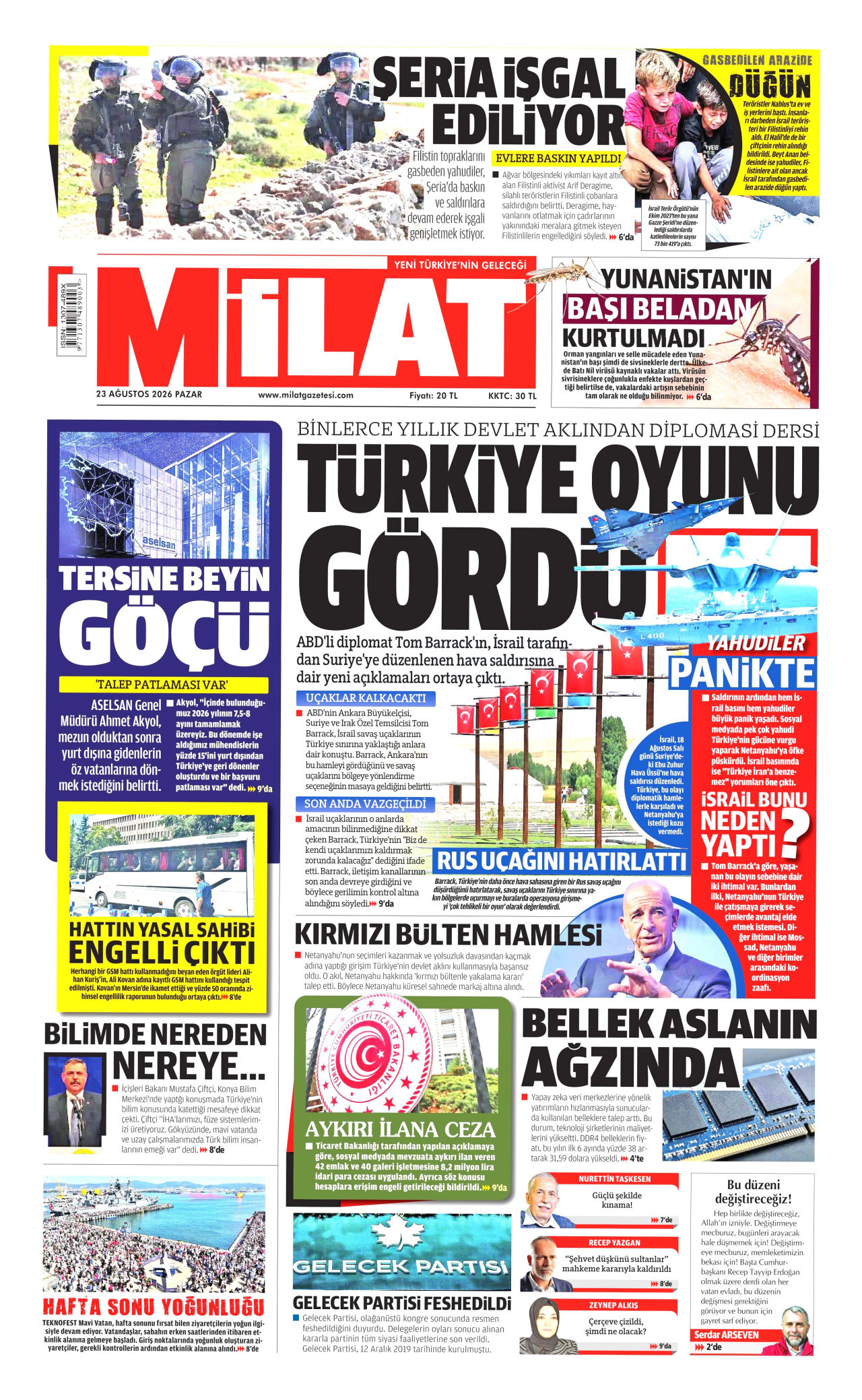MİLAT gazetesinin 23 Ağustos 2026 tarihli birinci sayfası