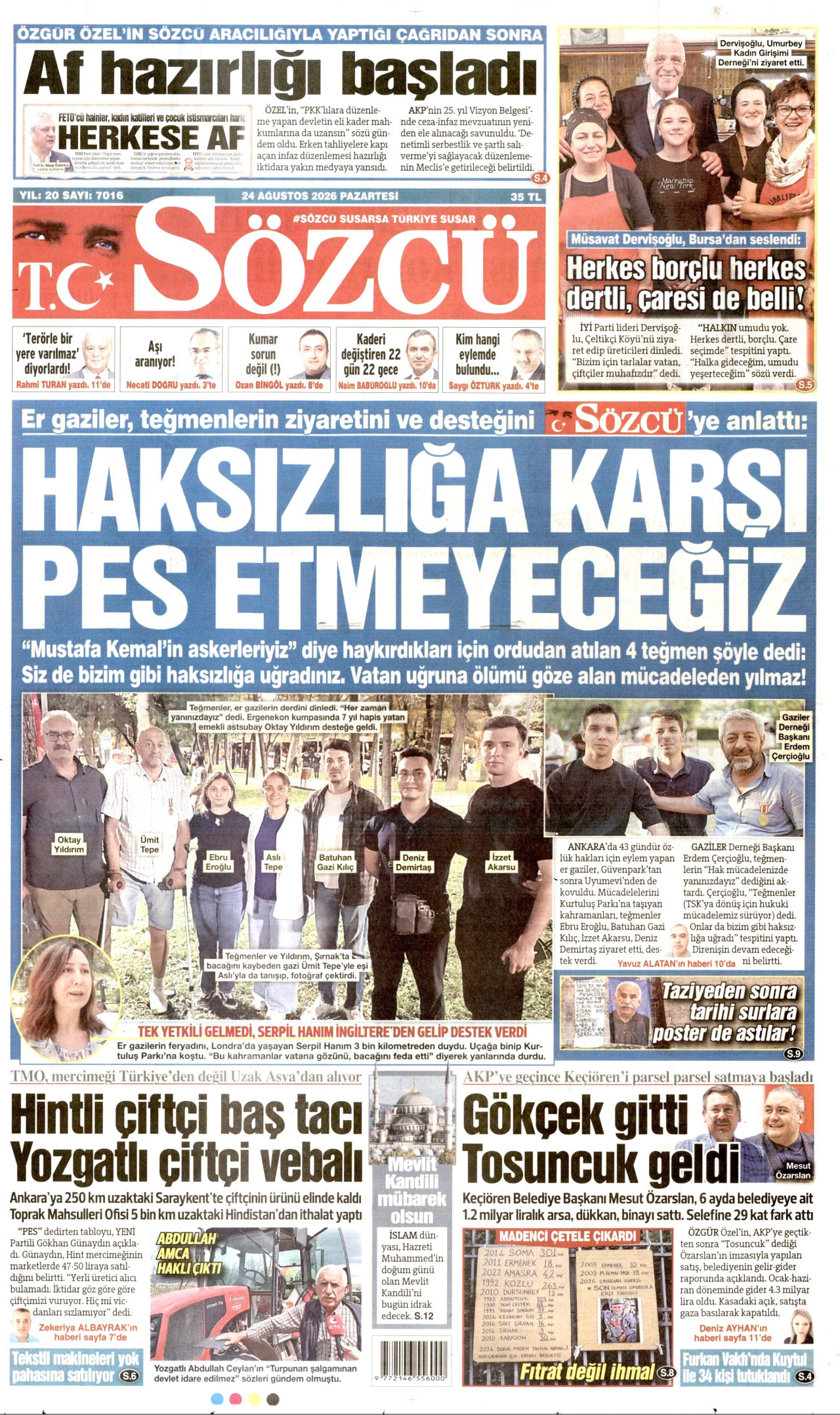 SÖZCÜ gazetesinin 24 Ağustos 2026 tarihli birinci sayfası