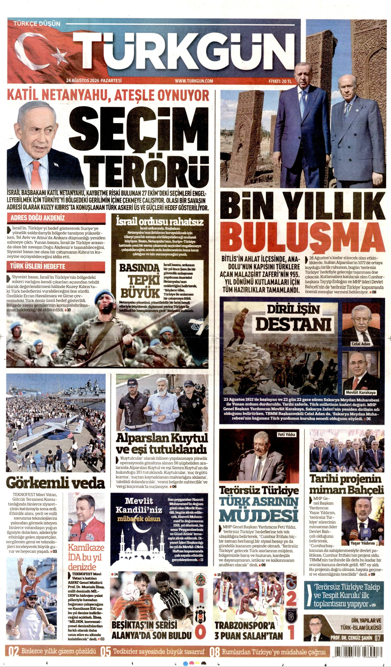 TÜRKGÜN gazetesinin 24 Ağustos 2026 tarihli birinci sayfası