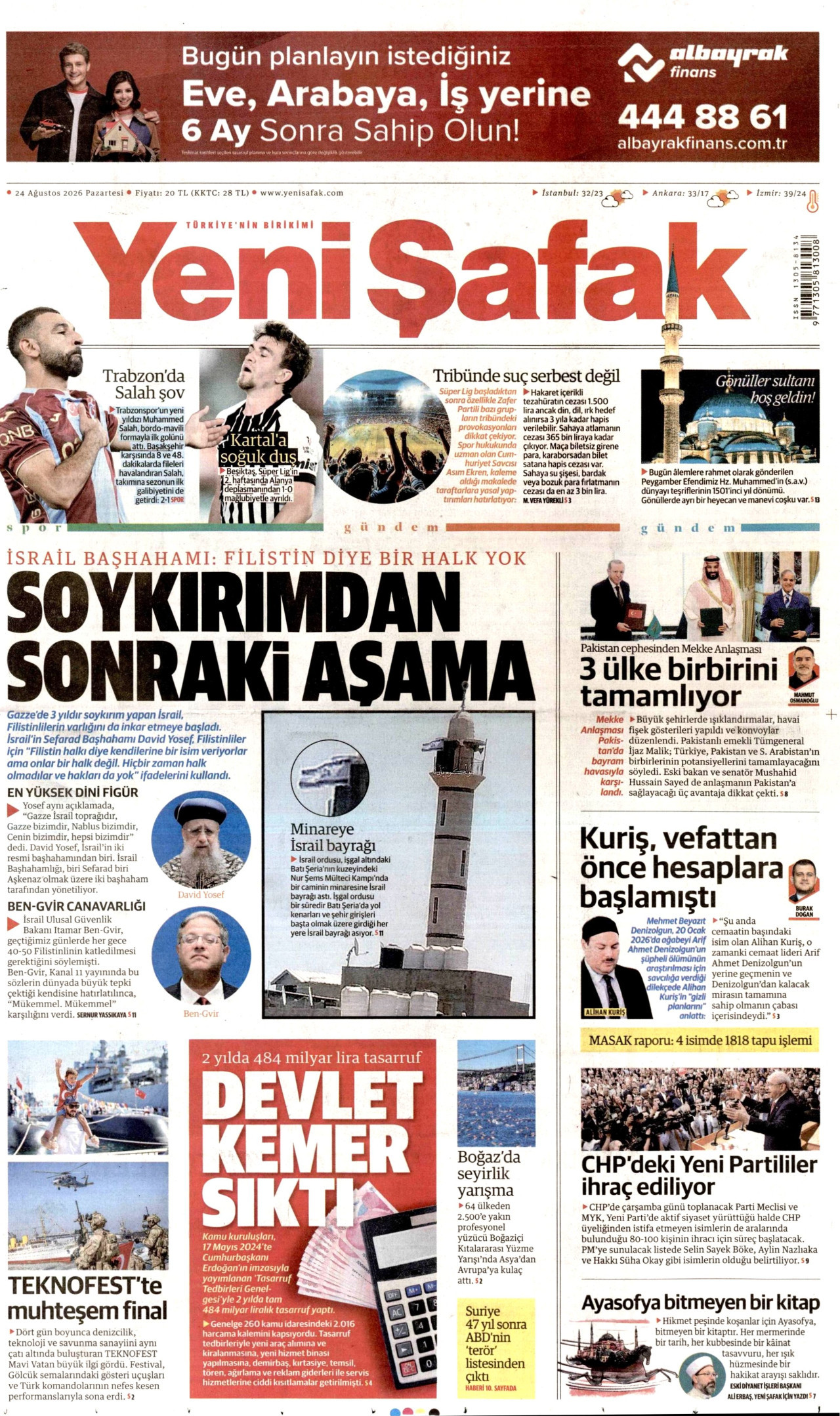 YENİ ŞAFAK gazetesinin 24 Ağustos 2026 tarihli birinci sayfası