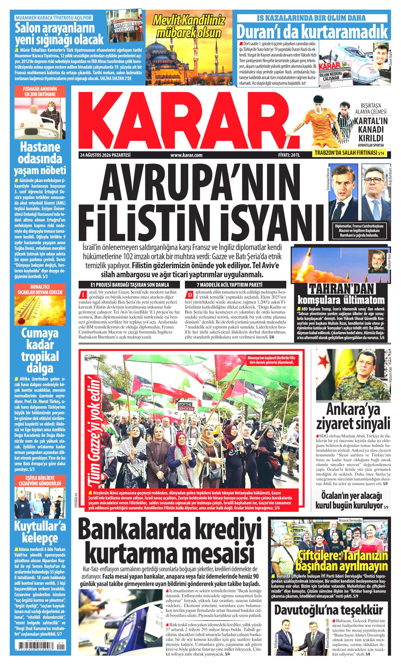 KARAR gazetesinin 24 Ağustos 2026 tarihli birinci sayfası