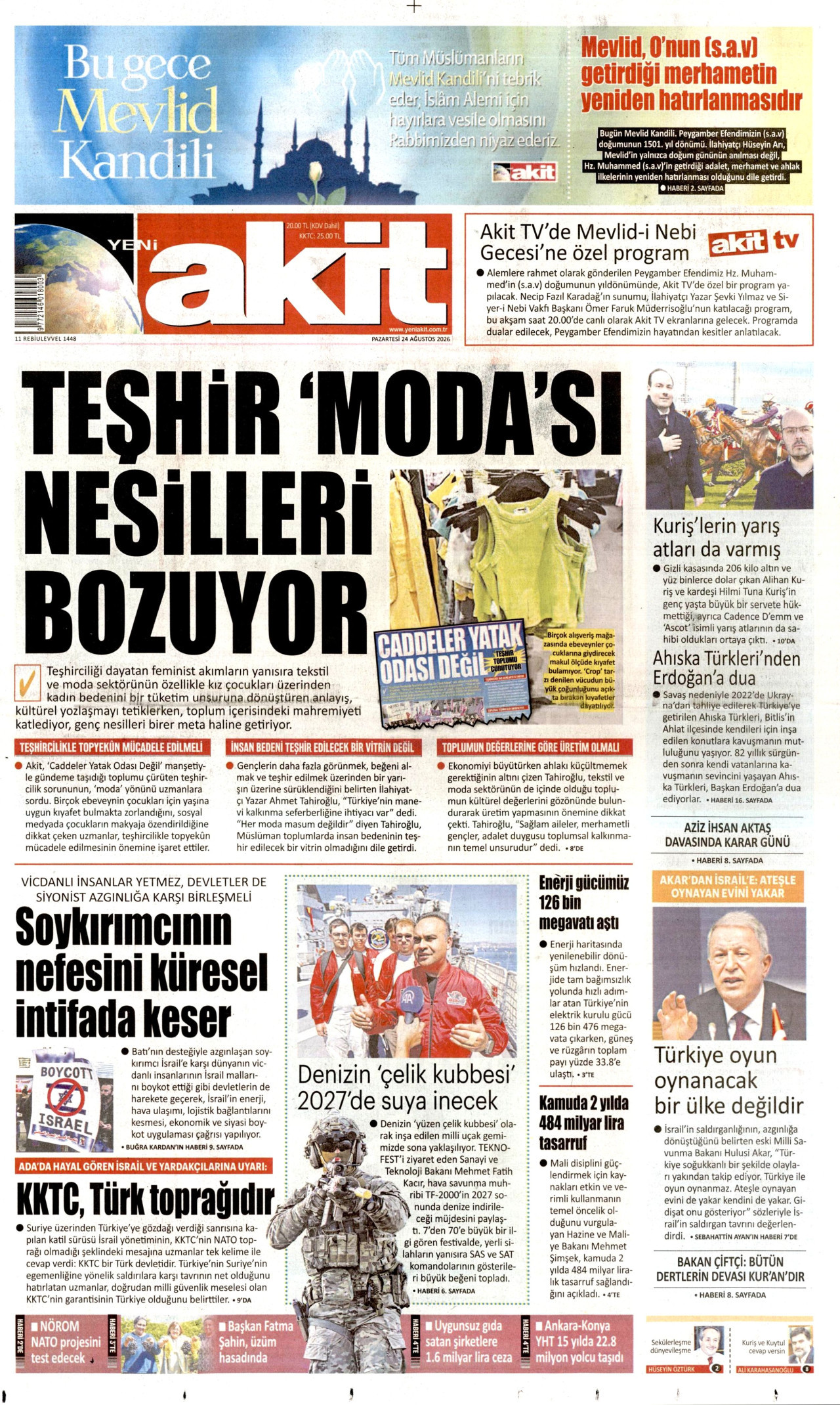 YENİ AKİT gazetesinin 24 Ağustos 2026 tarihli birinci sayfası