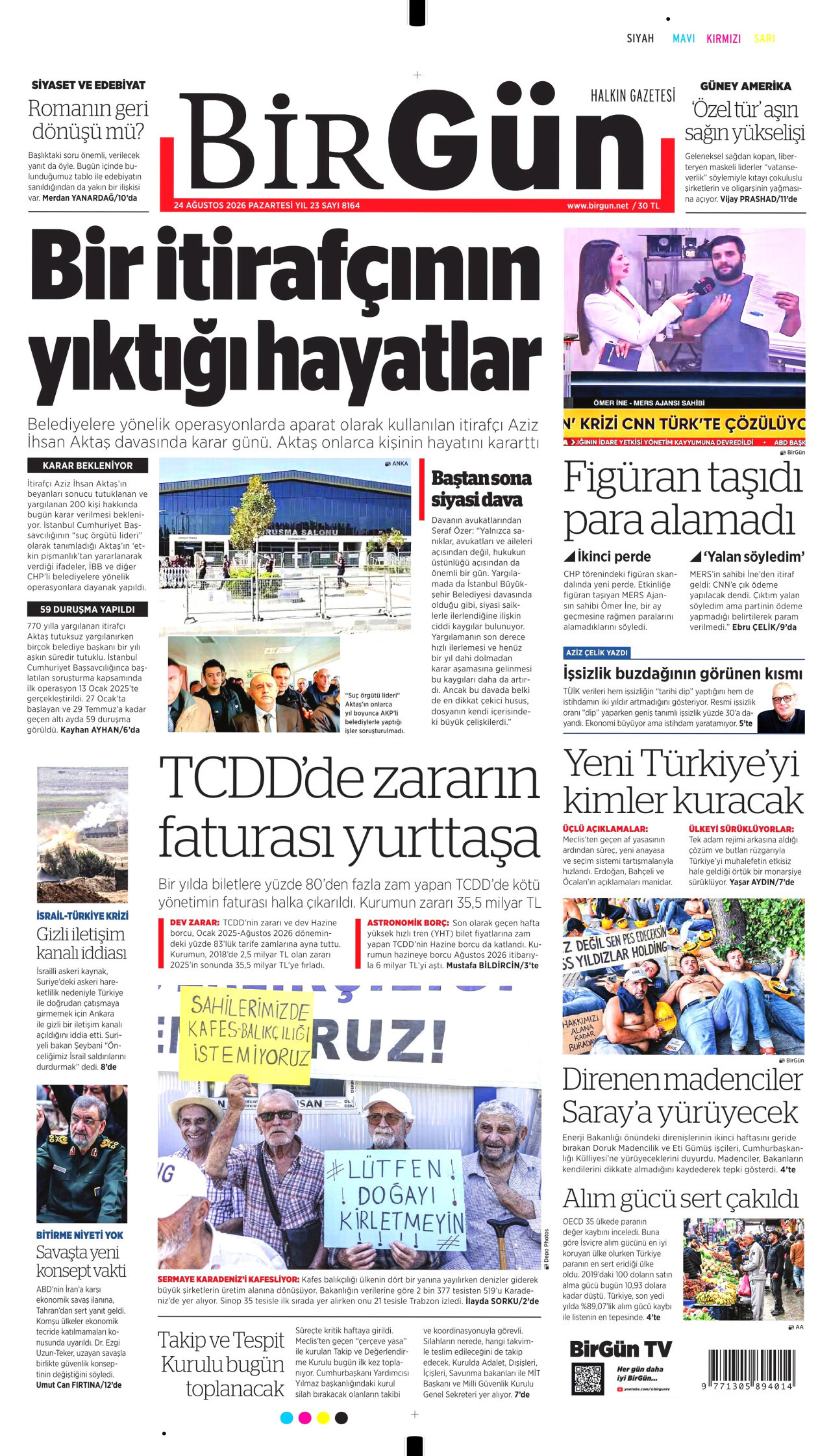 BİRGÜN gazetesinin 24 Ağustos 2026 tarihli birinci sayfası