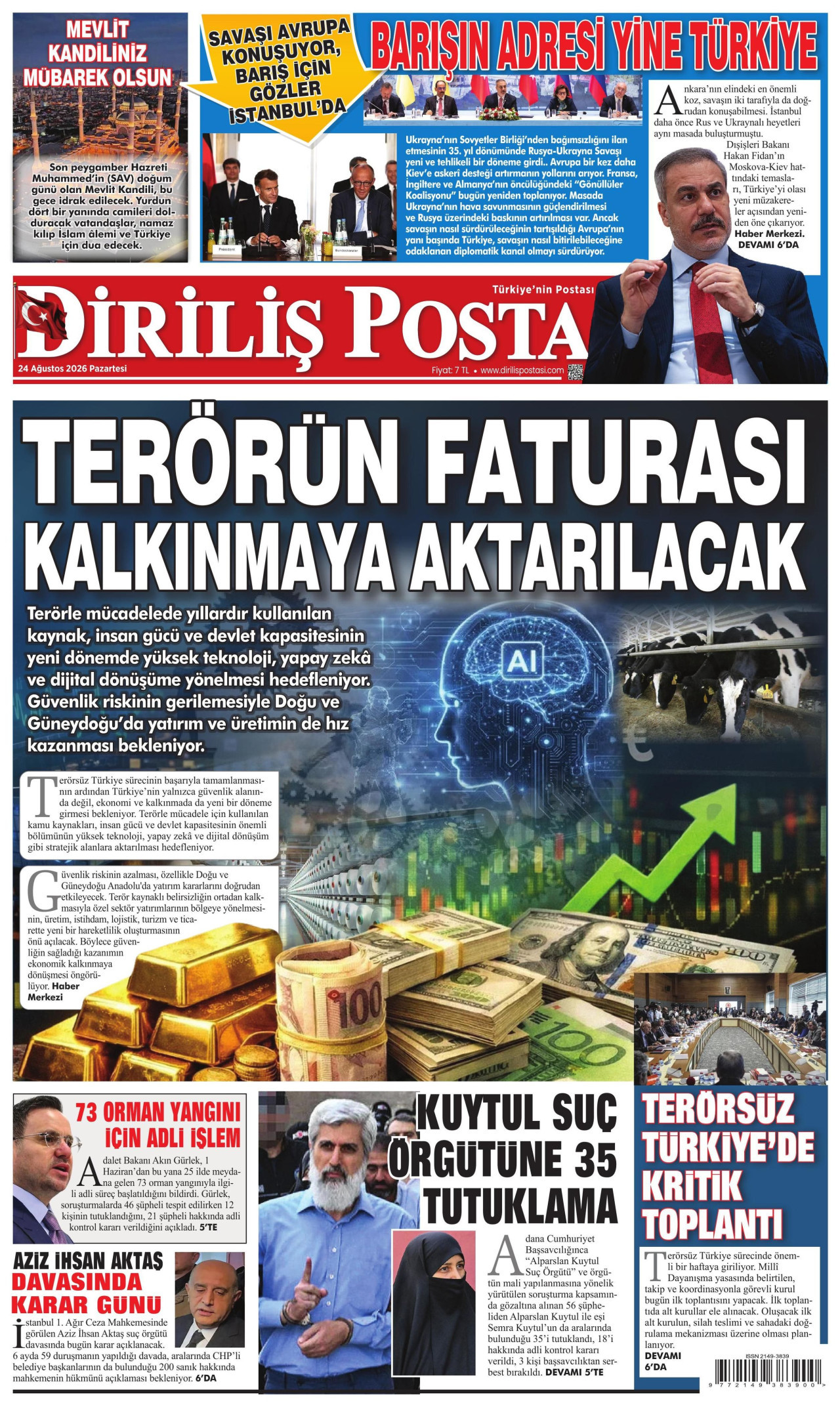 DİRİLİŞ POSTASI gazetesinin 24 Ağustos 2026 tarihli birinci sayfası