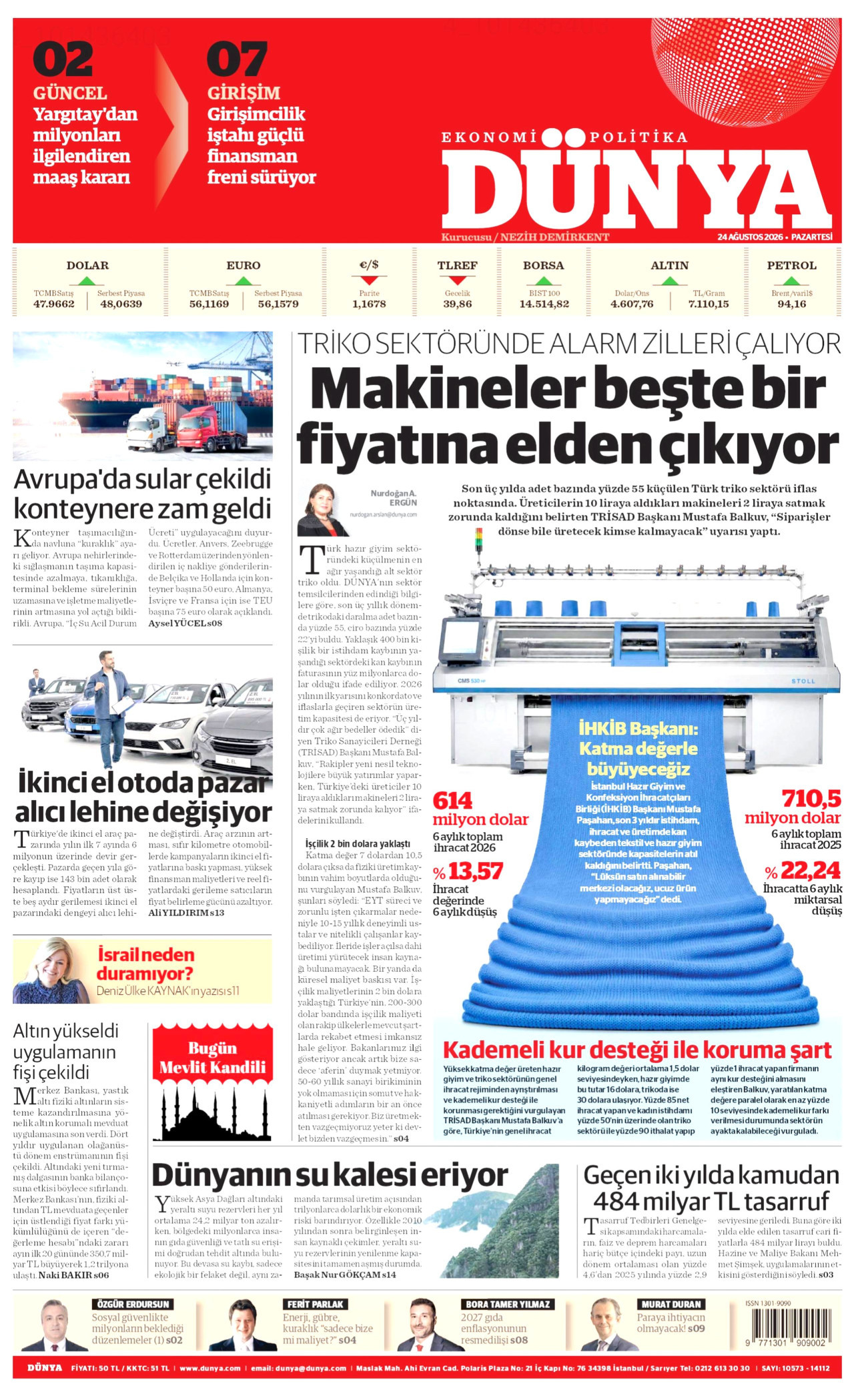 DÜNYA gazetesinin 24 Ağustos 2026 tarihli birinci sayfası