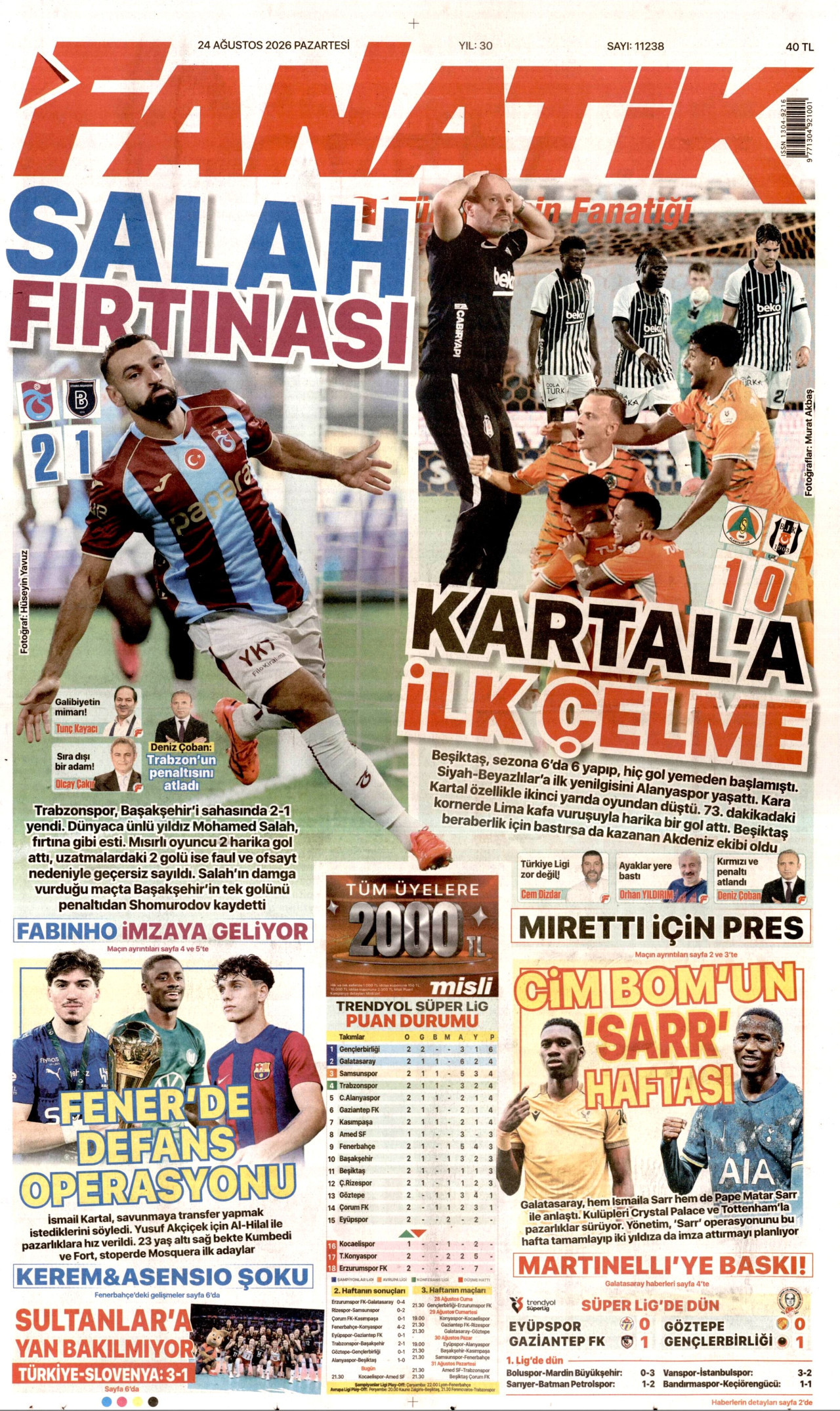 FANATİK gazetesinin 24 Ağustos 2026 tarihli birinci sayfası