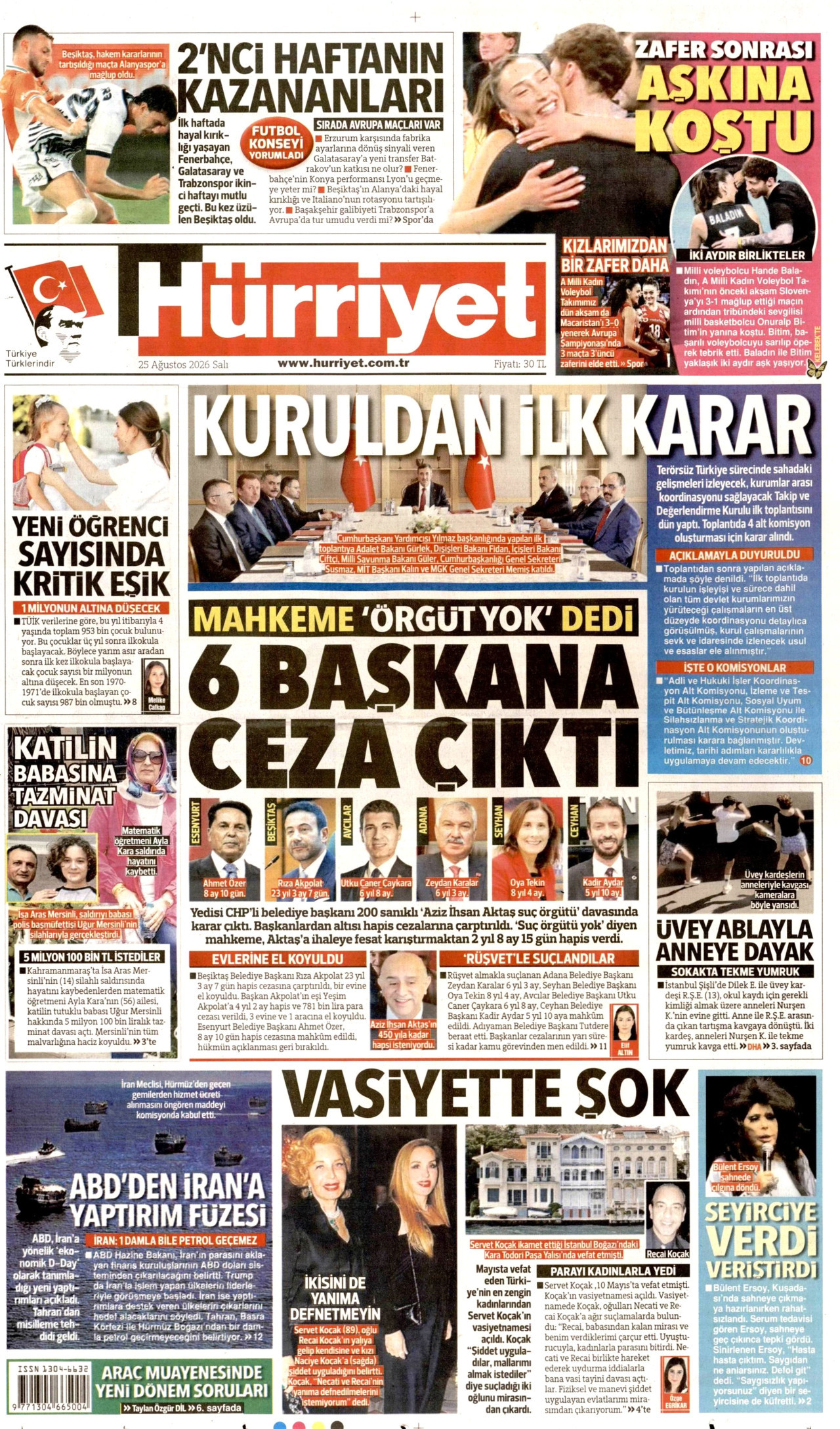 HÜRRİYET gazetesinin 25 Ağustos 2026 tarihli birinci sayfası