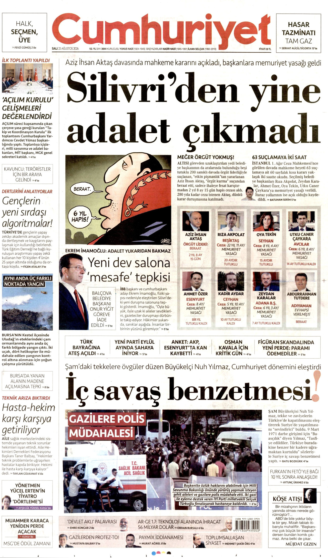 CUMHURİYET gazetesinin 25 Ağustos 2026 tarihli birinci sayfası